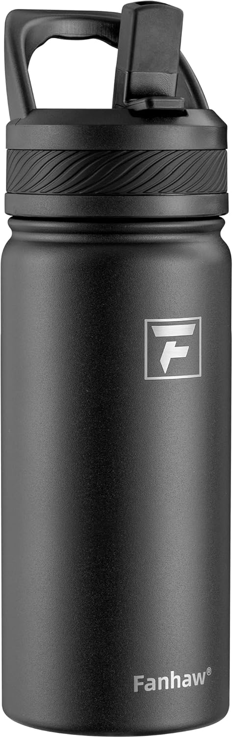 Fanhaw 18 Oz Kids Insulated Water Bottle with Straw Lid – Stainless Steel Double Wall Vacuum, Leak-Proof, BPA-Free Water Bottles for School Boys & Girls(Black)