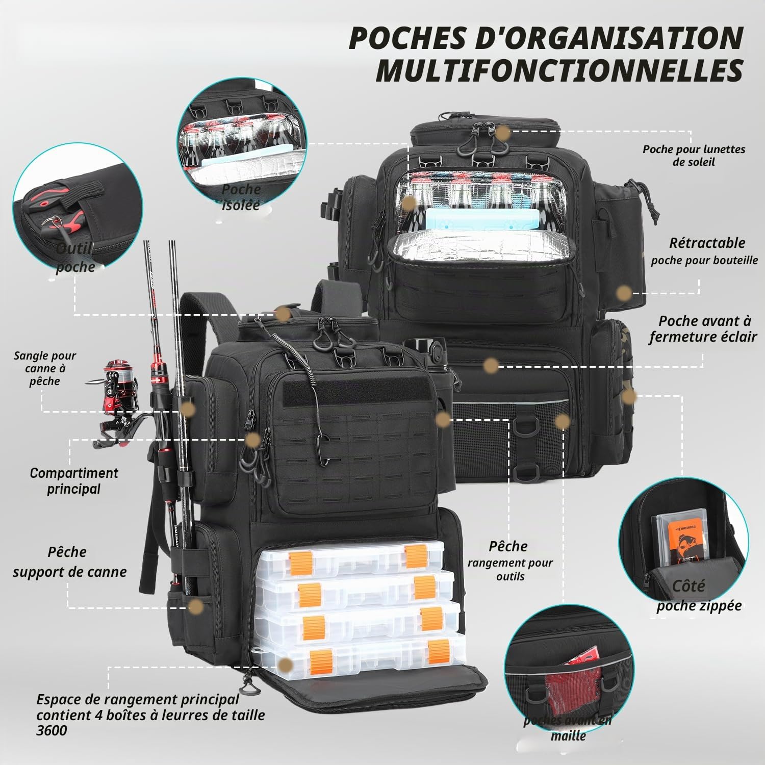 Sac à Dos de Pêche 50L avec Supports de Canne & Compartiment Réfrigéré Résistant à l'eau Sac de Rangement pour Accessoires de Pêche pour équipement de Pêche (Noir avec 4 Boîtes)