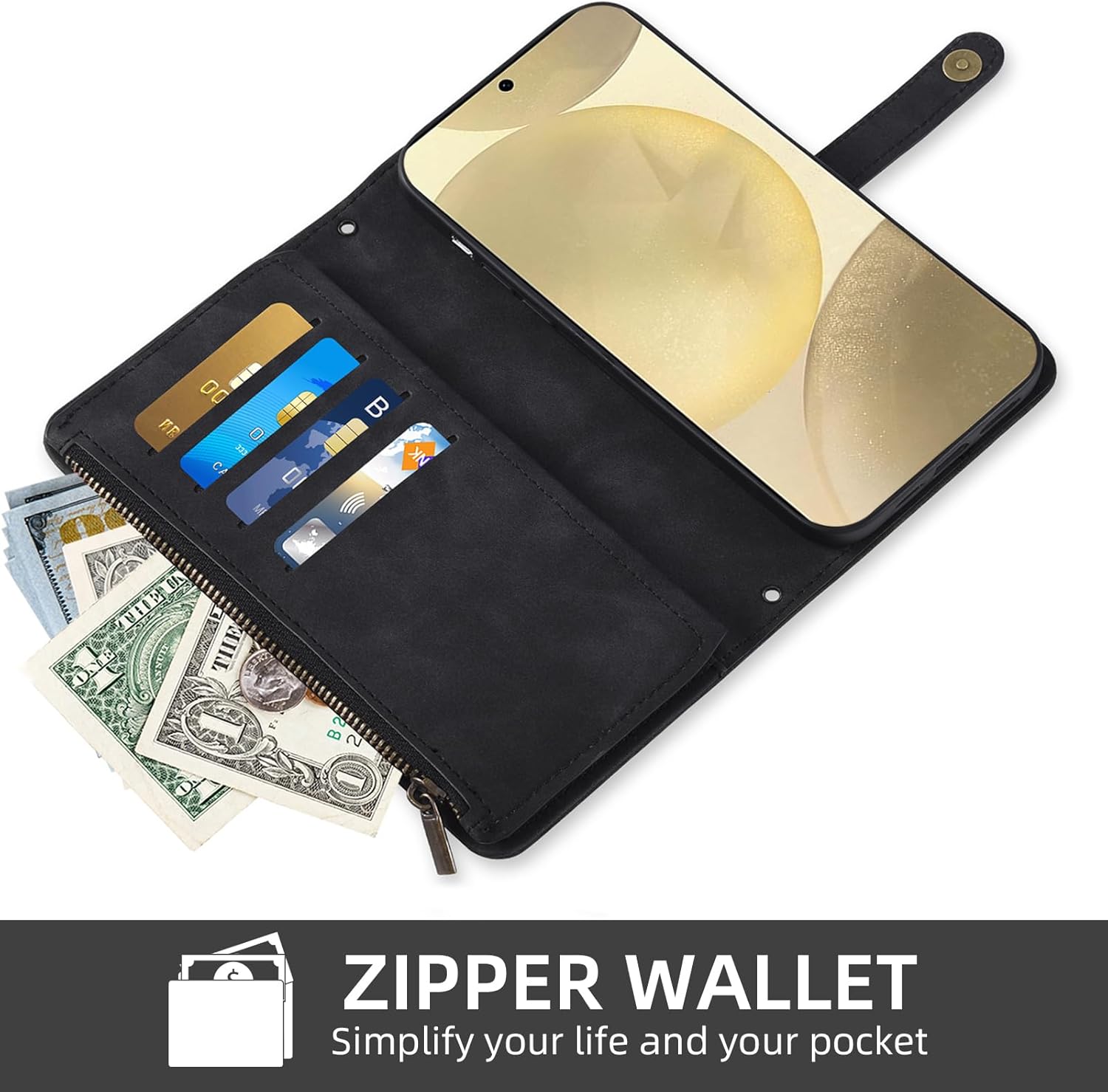 Phone Case for Samsung Galaxy S24 5G Wallet Cover With Tempered Glass Screen Protector Crossbody Wrist Strap Leather Flip Pattern Zipper Credit Card Holder Stand Cell S 24 24S G5 2024, 6.2 inch Black