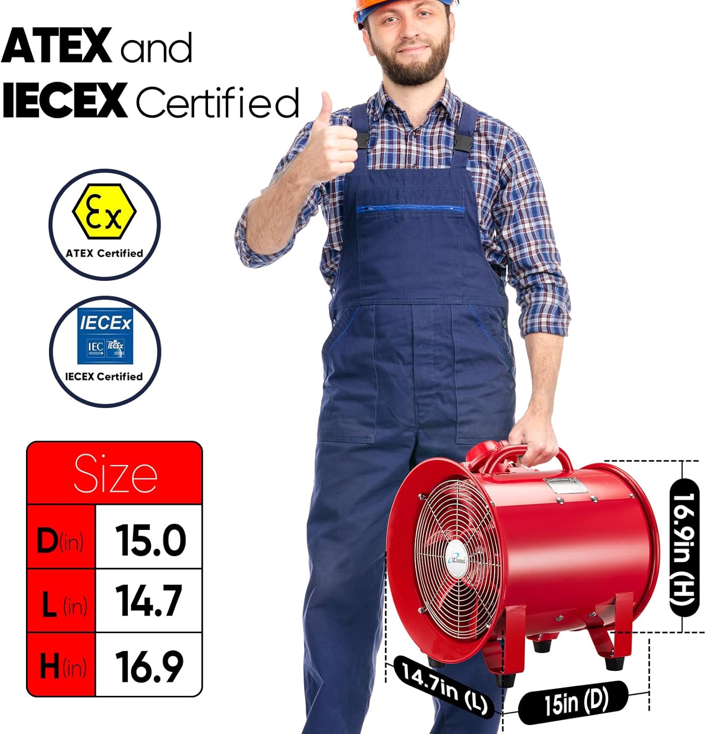 iLiving - ILG8EF12EX Explosion Proof Utility High Velocity Blower, Fume Extractor, Portable Exhaust and Ventilator Fan, Air Ventilation with 2720 CFM, 3300 RPM (12 Inch)