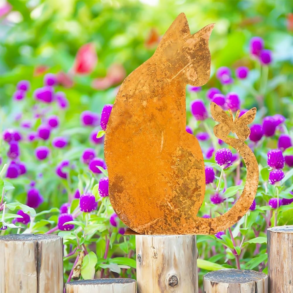Decorazione da Giardino per Gatti Decorazione da Giardino con palo in Metallo ruggine Decorazione da Giardino Gatto arrugginito Ornamenti da Esterno Artigianato in Ferro