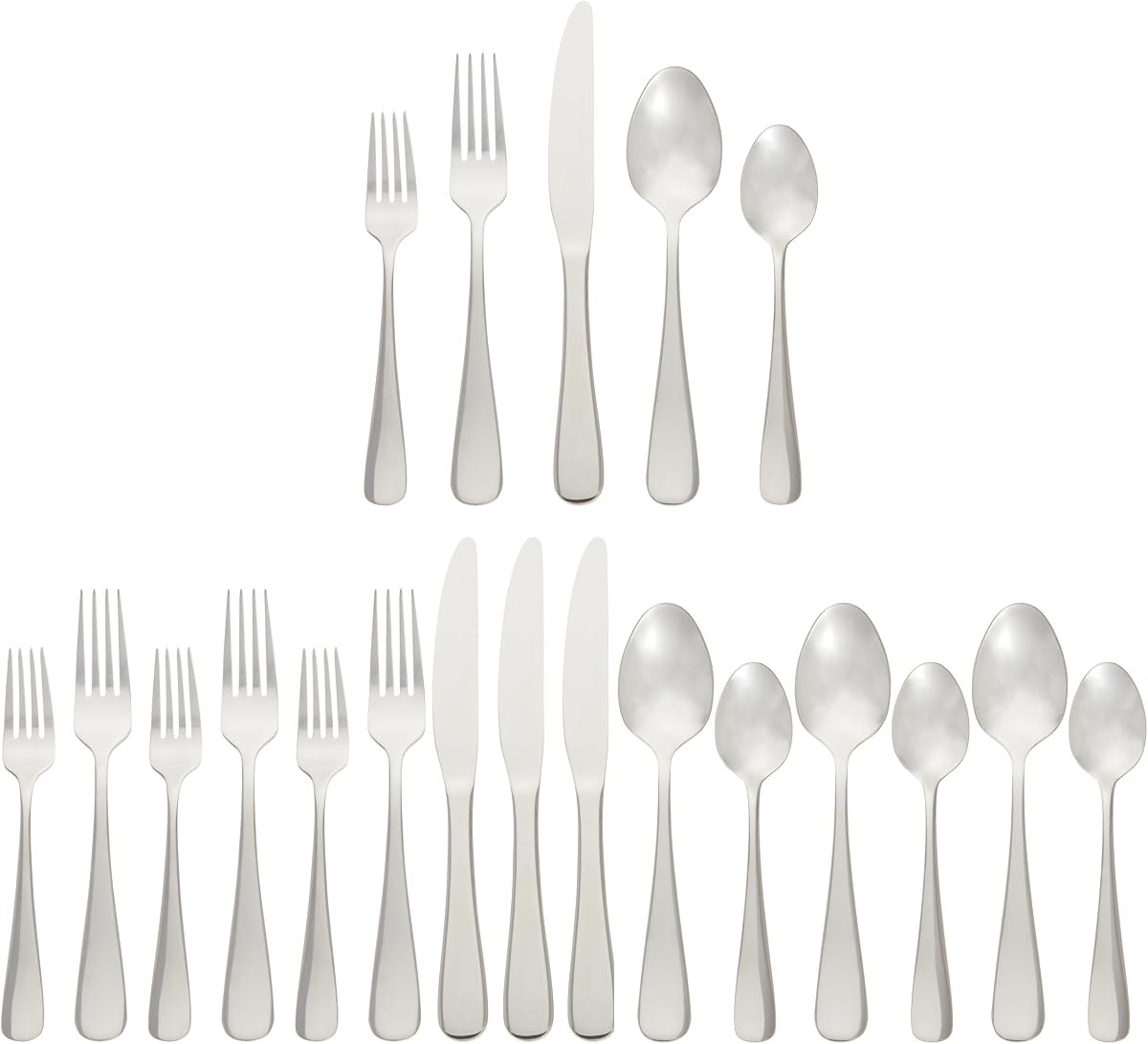 Amazon Basics Silverware Set, Stainless Steel Flatware, Dishwasher Safe, Service for 4, 20-Piece Forks and Spoons, Round Edge, Everyday Use
