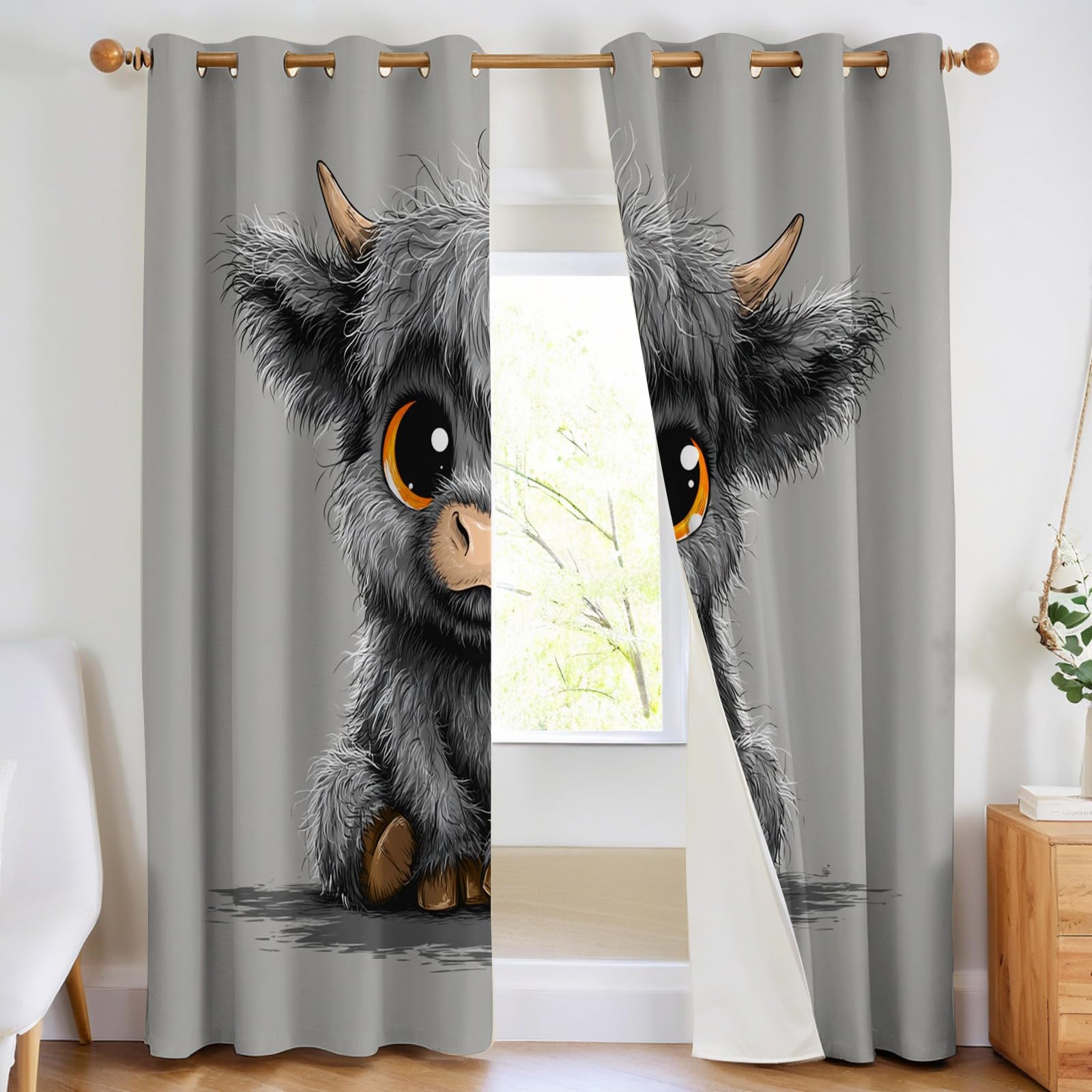 Grau Verdunkelungsvorhänge Blickdicht Thermovorhänge Karikatur, Hochlandrind mit Ösen, Wärmeschutz Energiespar Gardinen für Kinderzimmer Wohnzimmer, 2er Set H229 x B117 cm