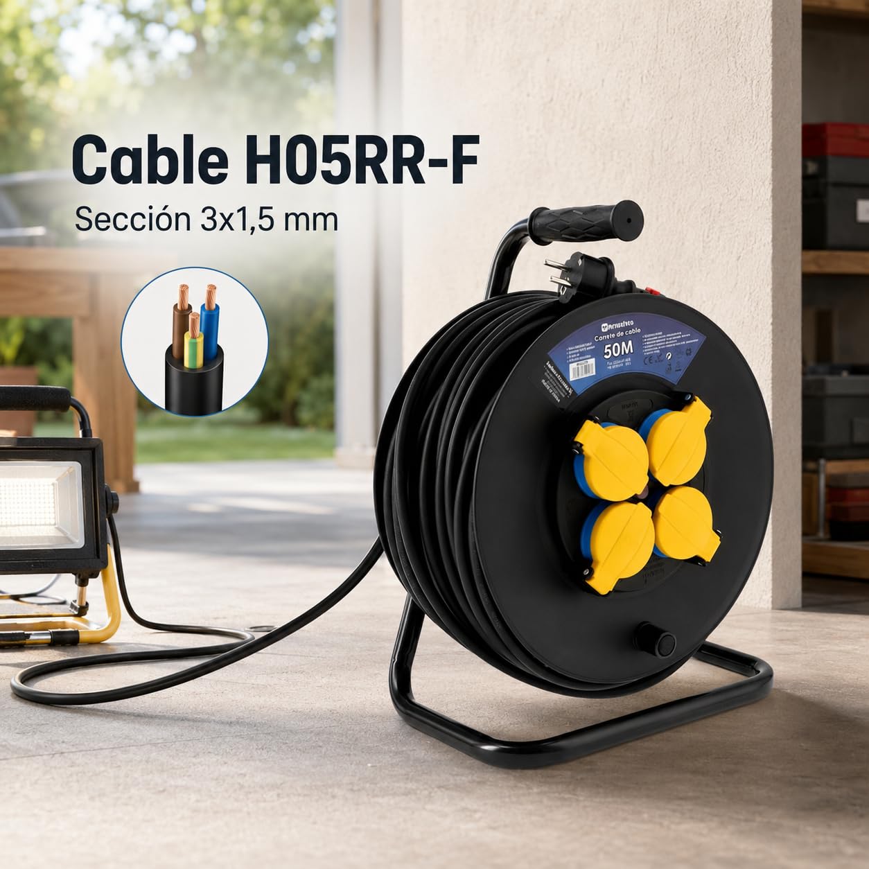 M mimotec - Avvolgicavo da Esterno 50m IP44 4 Prese 3200W 16A, Cavo H05RR-F 3G1,5 mm², Protezione Bambini, Ideale per Giardino, Cantiere e Officina