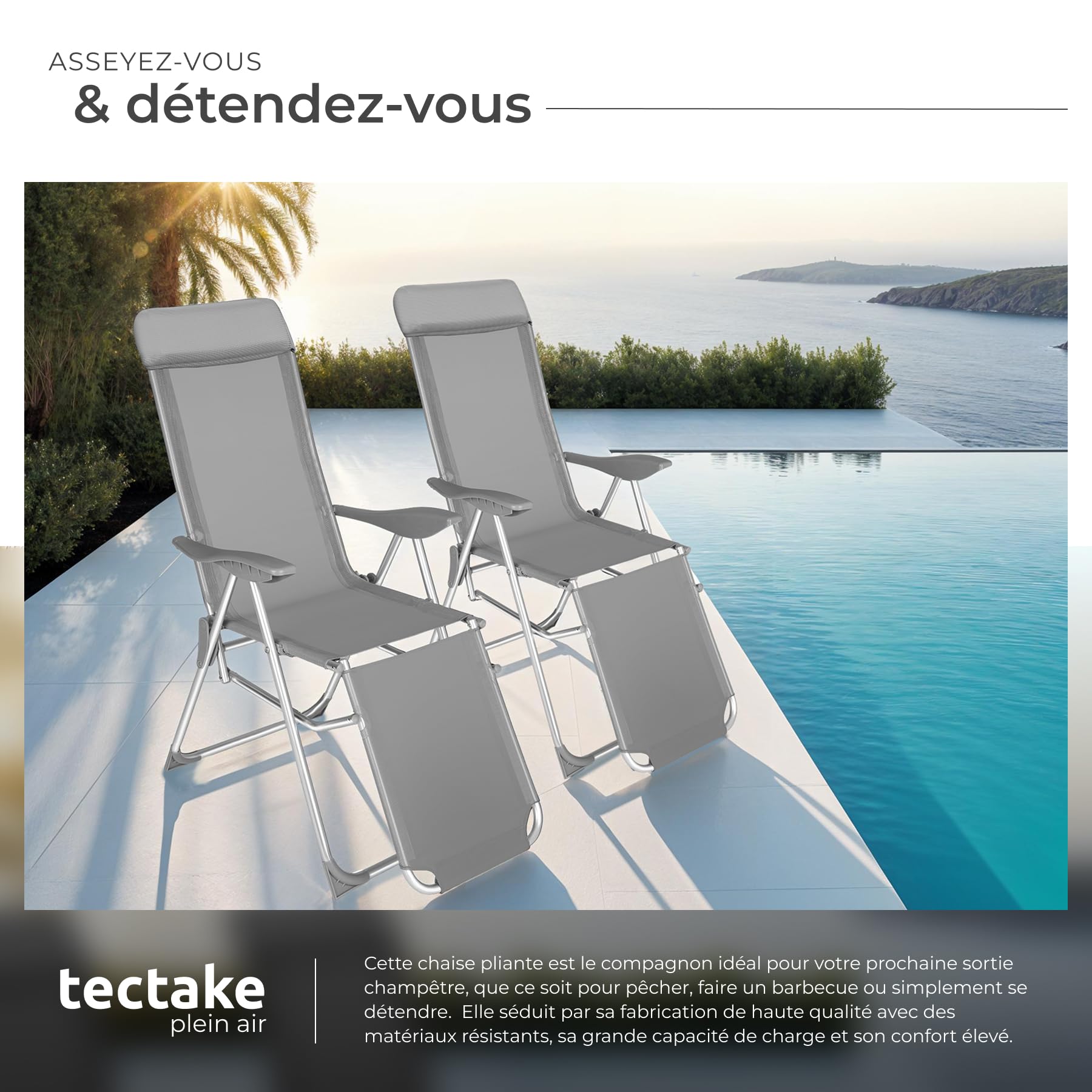 tectake® Lot de 2 Fauteuil de Jardin Chaise Longue Pliable avec Repose Pieds Accoudoirs, Appuie-tête Amovible Salon de Jardin Exterieur, Structure en Aluminium, Dossier Inclinable