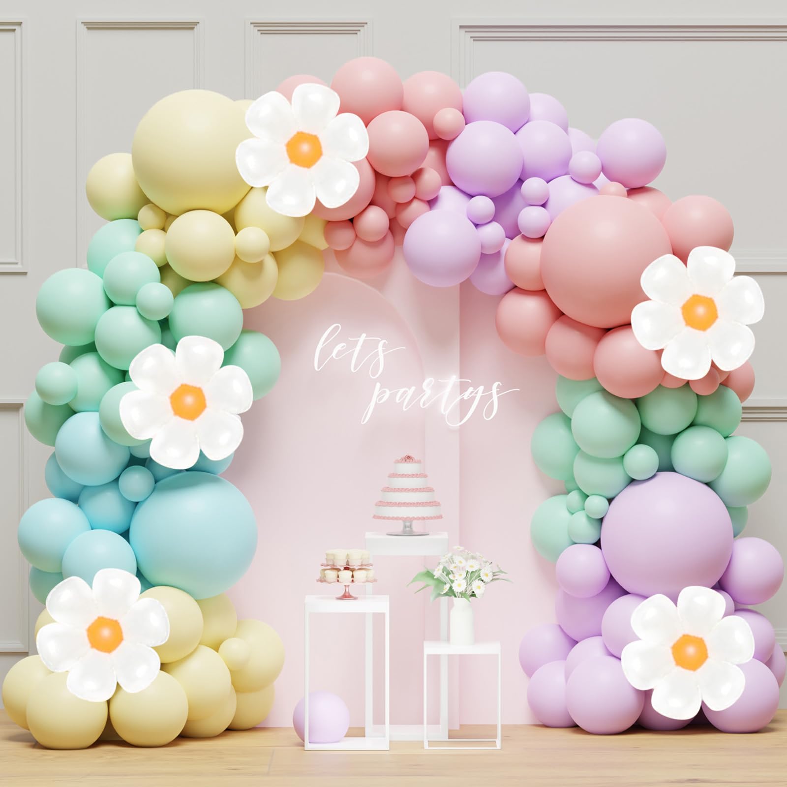 Daisy Balloon Arch Garland Kit - 136Pcs Pastel Rainbow Balloon Arch Kit - Birthday Balloons, White Groovy Flower Macaron Pink Yellow Blue Purple