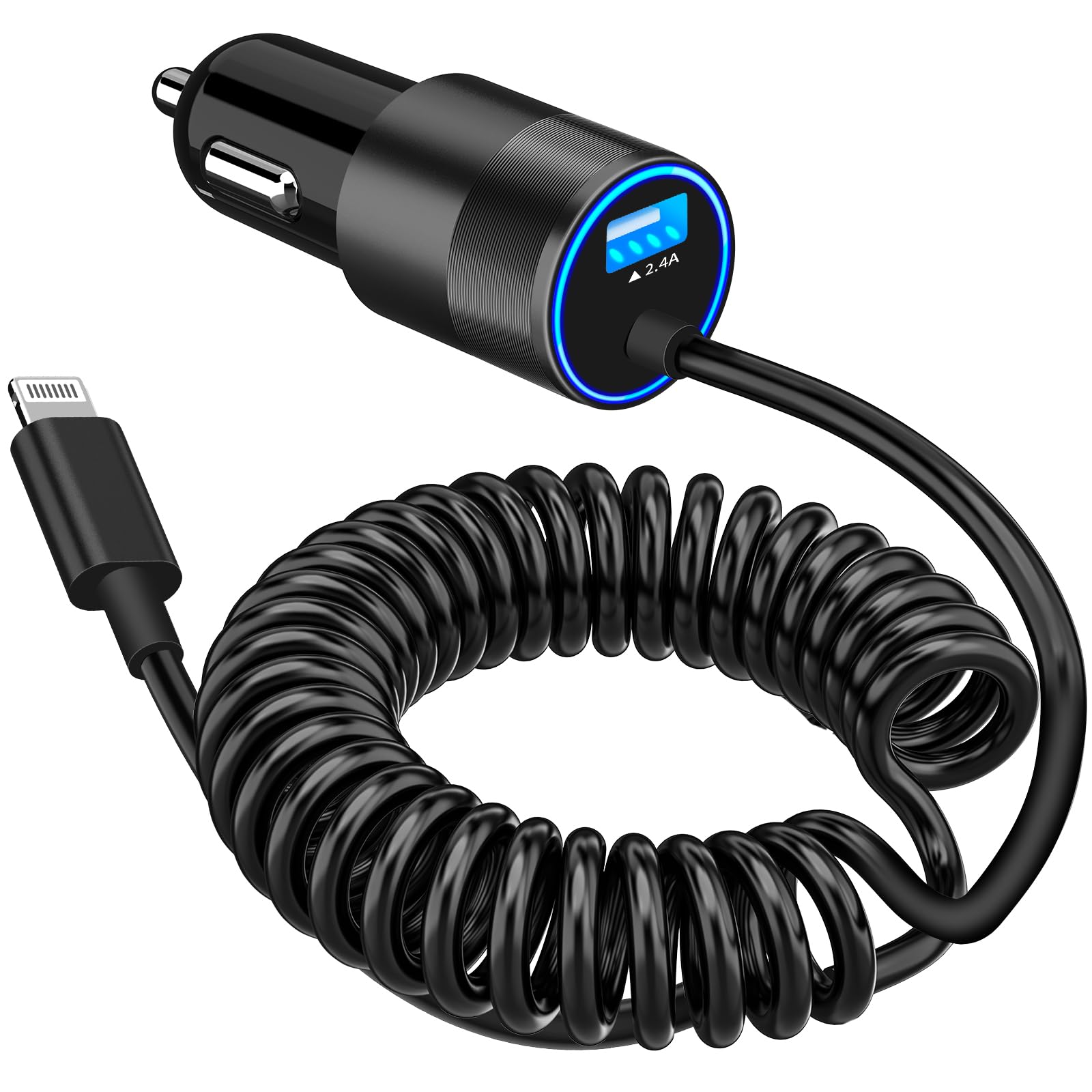 [Apple MFi Certified] iPhone Car Charger Fast Charging, Rombica 4.8A Dual USB Smart Power Rapid Car Charger with Built-in 6FT Coiled Lightning Cord Quick Car Charge for iPhone 14/13/12/11/XS/XR/X/iPad
