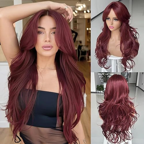Burgundy Wig Long Layered Wavy Wigs With Curtain Bangs for
