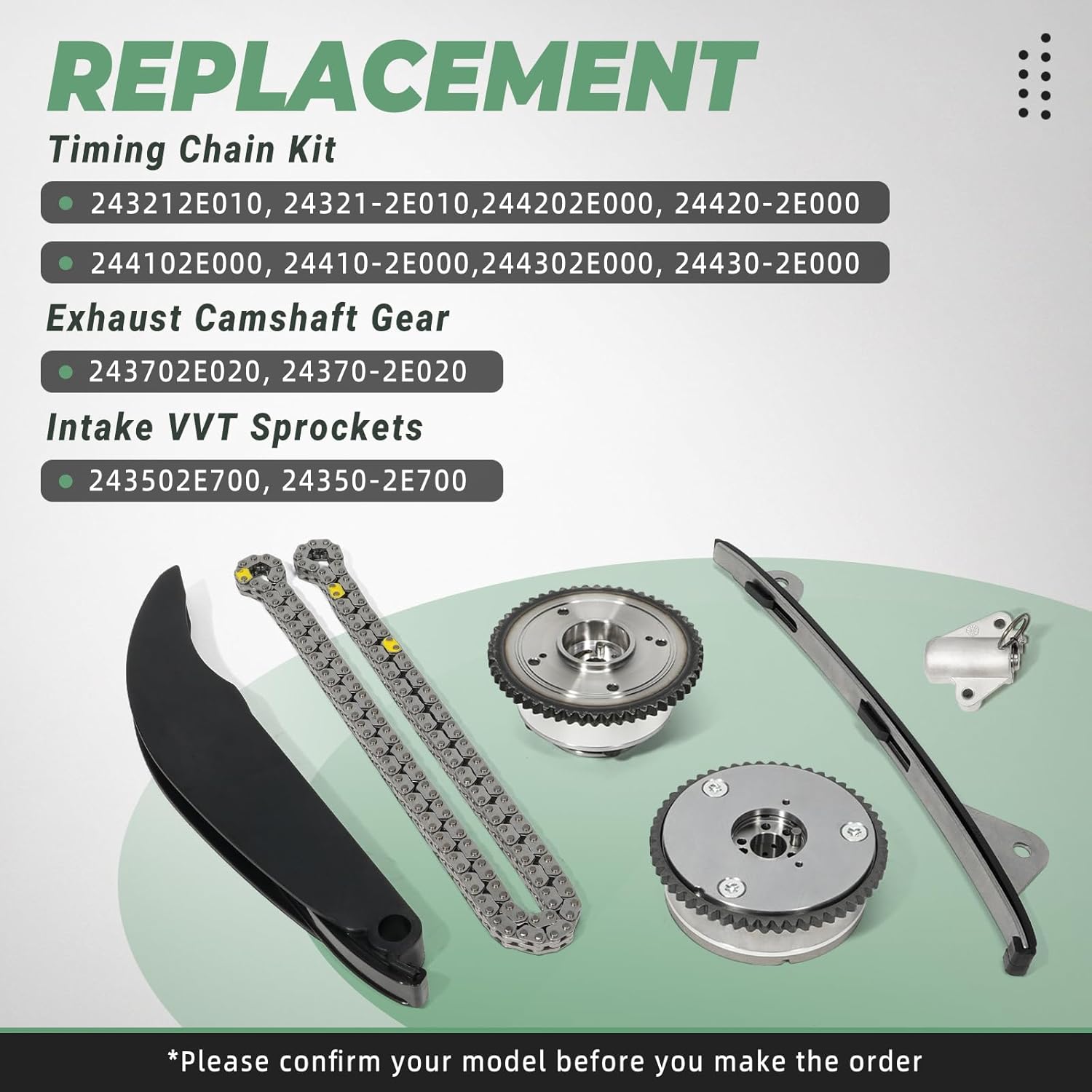 24350-2E700 Timing Chain Kit, w/VVT Camshaft Sprockets Intake & Exhaust, Fits for 2017-2021 Hyundai Elantra Kona Veloster, 2017-2022 Kia Forte 2.0L - Replace 243212E010 24410-2E000 244102E000