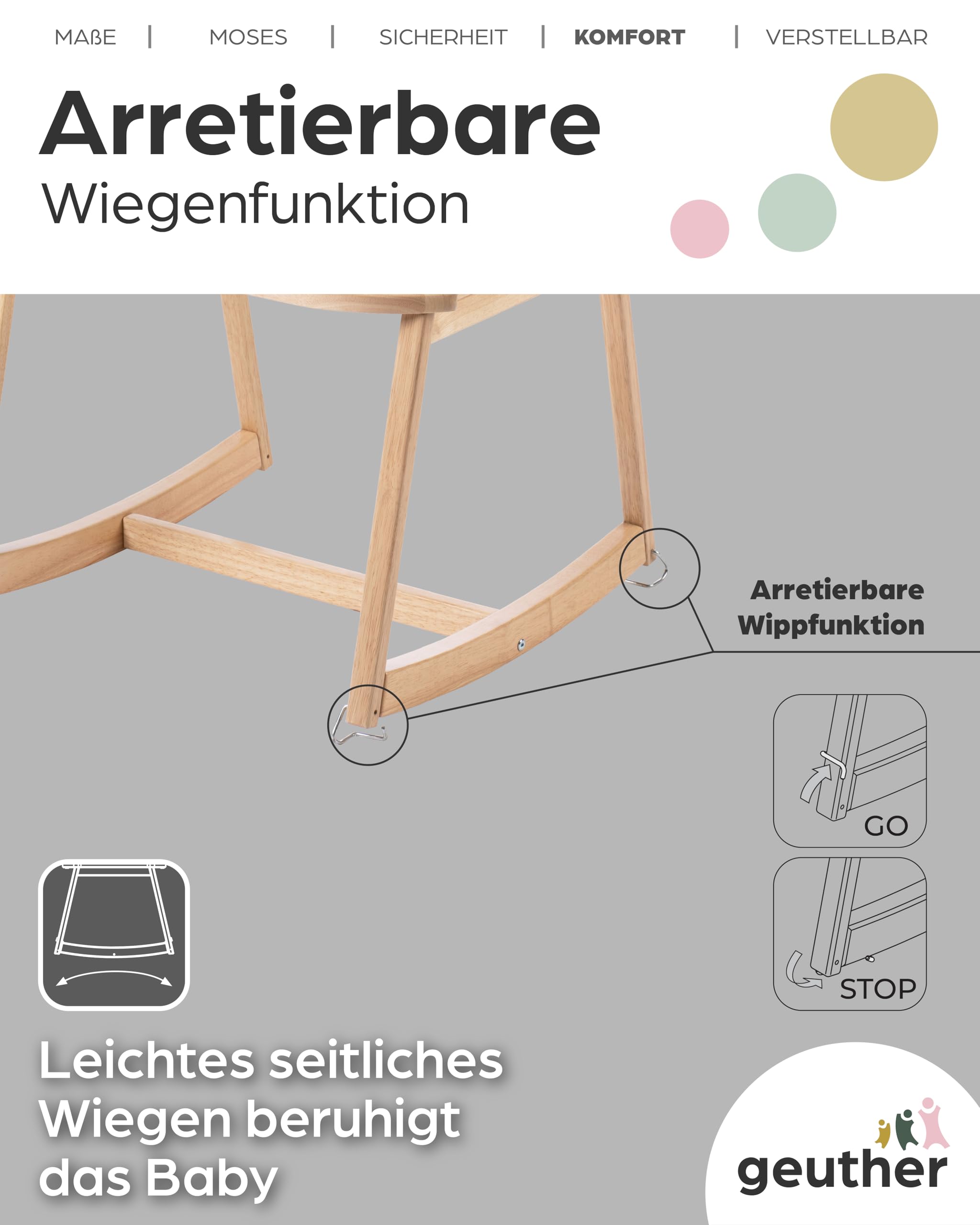 Geuther Untergestell für Moseskorb Baby | Stubenwagen mit Schaukelfunktion für Geuther Babynestchen, Baby Beistellbett | aus nachhaltigem & massivem Gummibaumholz, Baby Bett Gestell, naturfarben