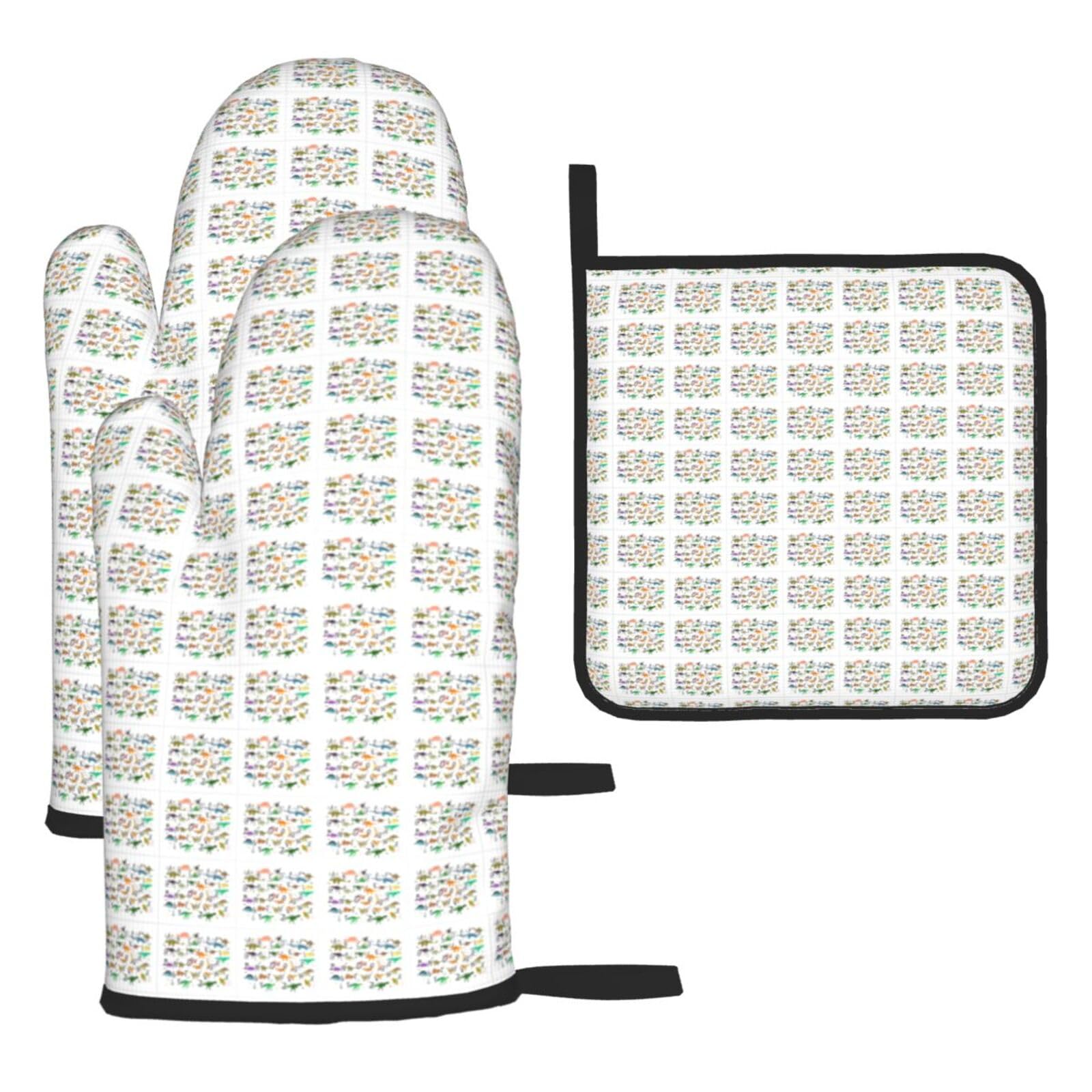 Stylish Learning Alphabets With Dinosaurs Print Oven Mitts Kitchen Gloves Set Everyday Baking Grilling Microwaving Cooking Gift