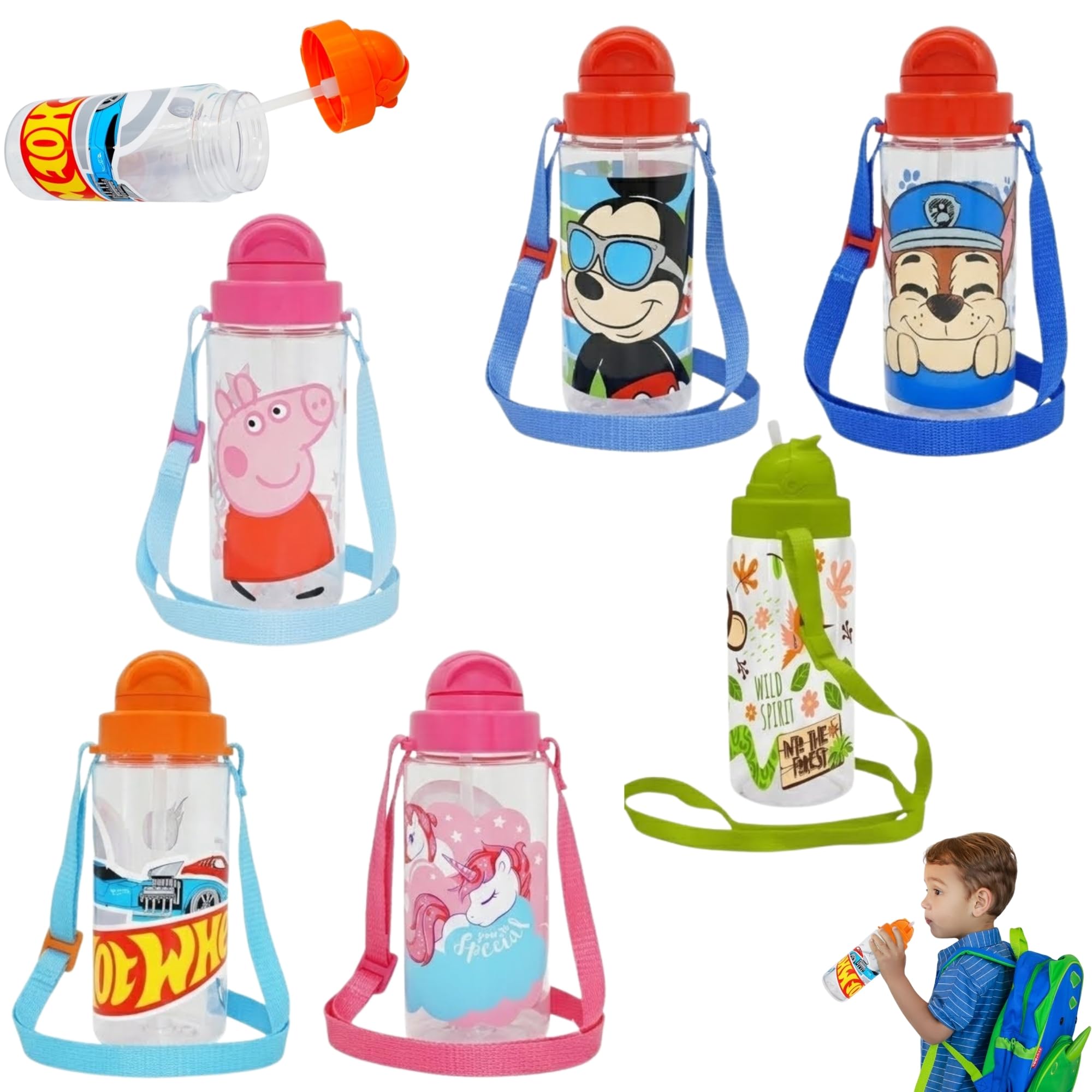 SRV Hub Cartoon Character Kids Water Bottles with Straw 500ml 2x Random, Tritan BPA Free Reusable Bottle with Strap, Leak Resistant Back to School, Picnic & Sports Gala Bottle Age 3+