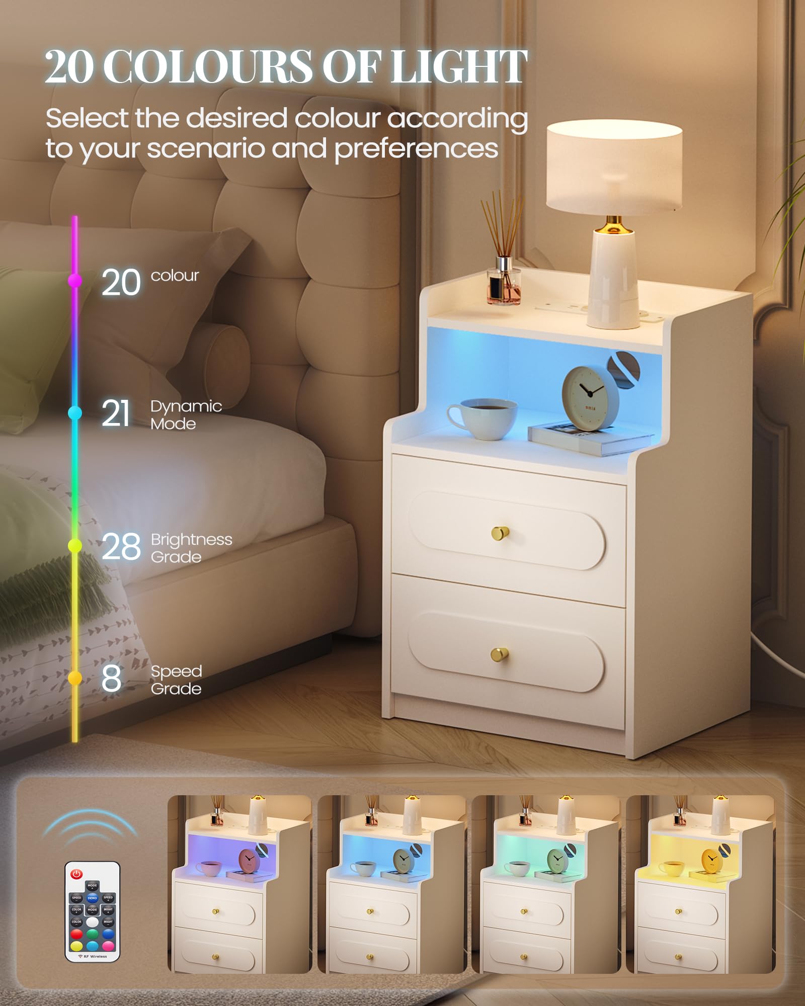 HEXCELEN Table de Chevet Lot de 2 avec Lumière LED et Multiprise, Table de Nuit avec 2 Tiroirs et 1 Compartiment Ouvert, Tables d'appoint avec Rangement, pour Chambre à Coucher, Salon, Moderne, Blanc