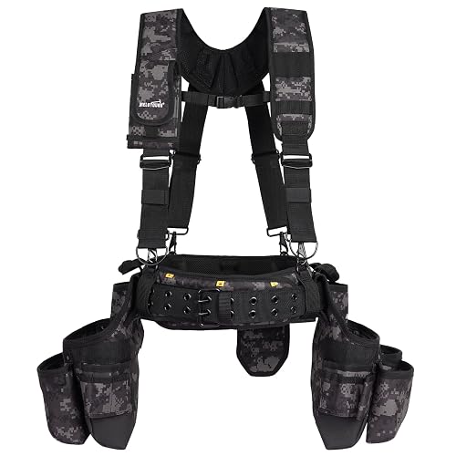 MELOTOUGH Camo Tool Belt with Suspenders Carpenter Tool Bag Supenders | Camouflage Framers Comb Apron Black Tool Belt Construction framing Tool Pouch Suspenders Heavy Duty
