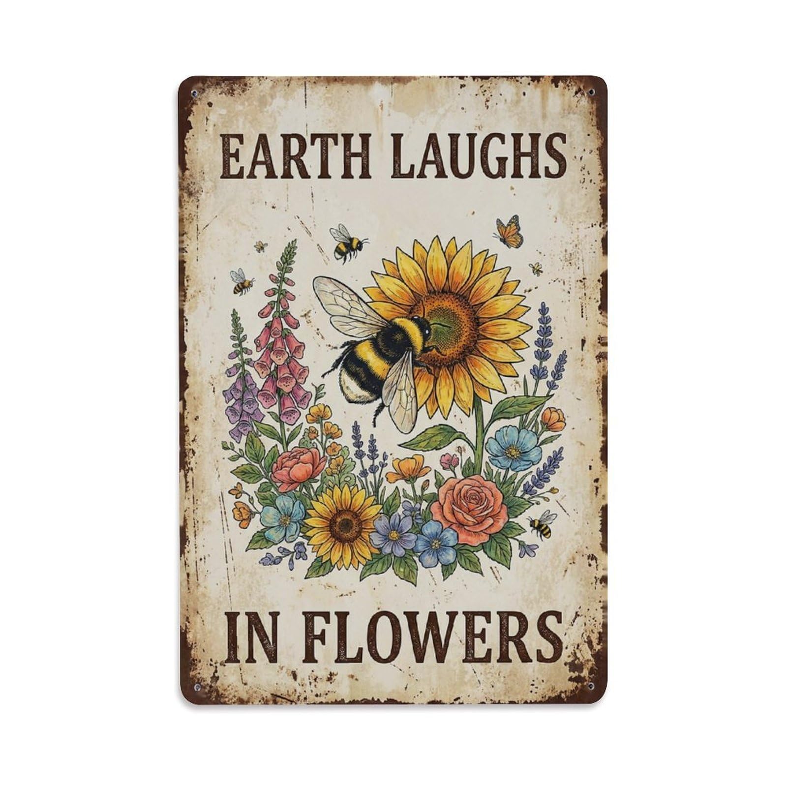 Okngb Style Laughs Flowers Bumblebee Botanical Quote Quirky Vintage Metal Tin Sign Plaque Wall Decor For Cafe, Man Cave, Club Bar, Office, Home Garden Round Metal Poster 8X12inch