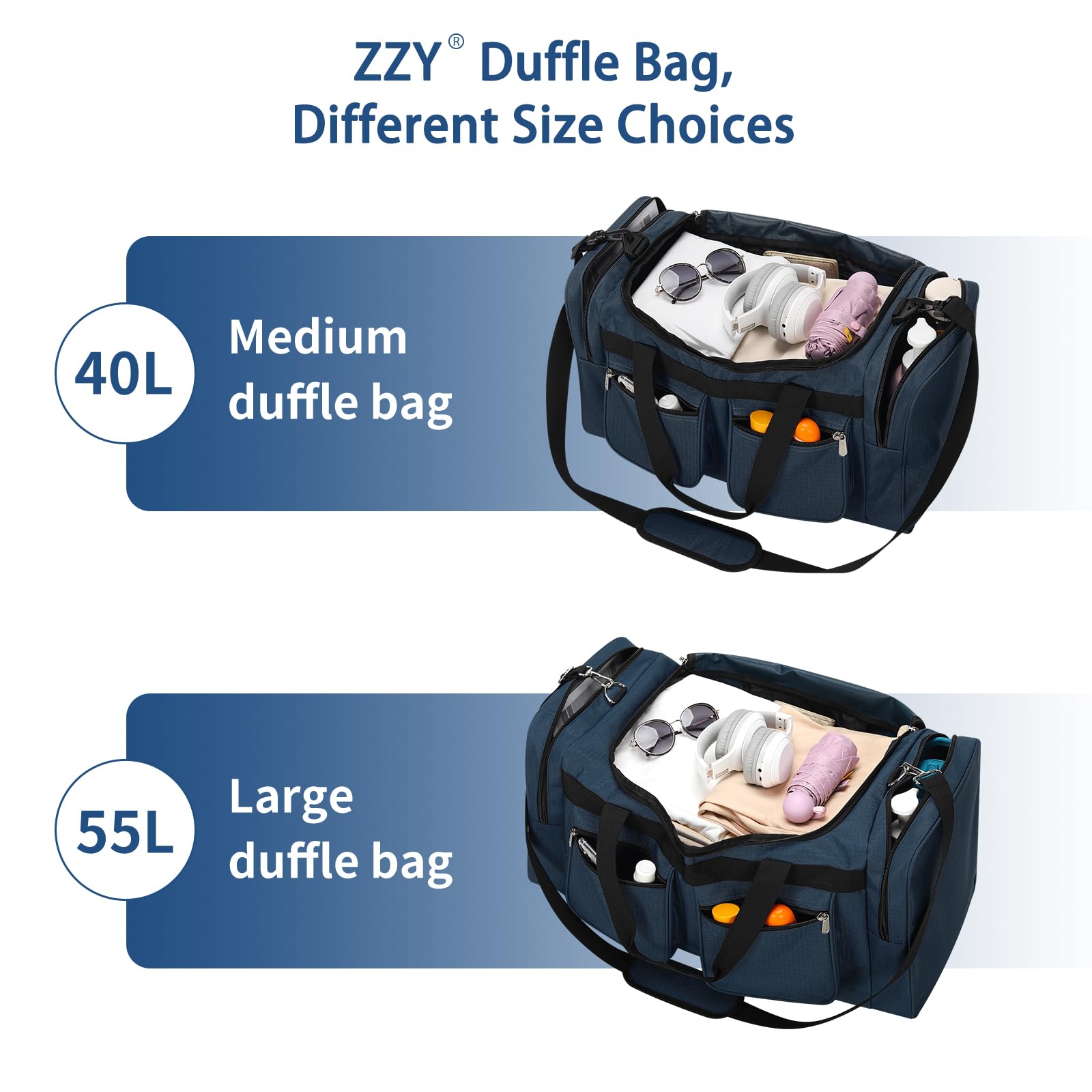 ZZY Sac de Sport 55L Grand pour Homme – Sac de Week-End Imperméable avec 2 Poches Latérales pour Fitness, Salle de Sport, Sauna, Voyages & Nuitées (Bleu Marine)