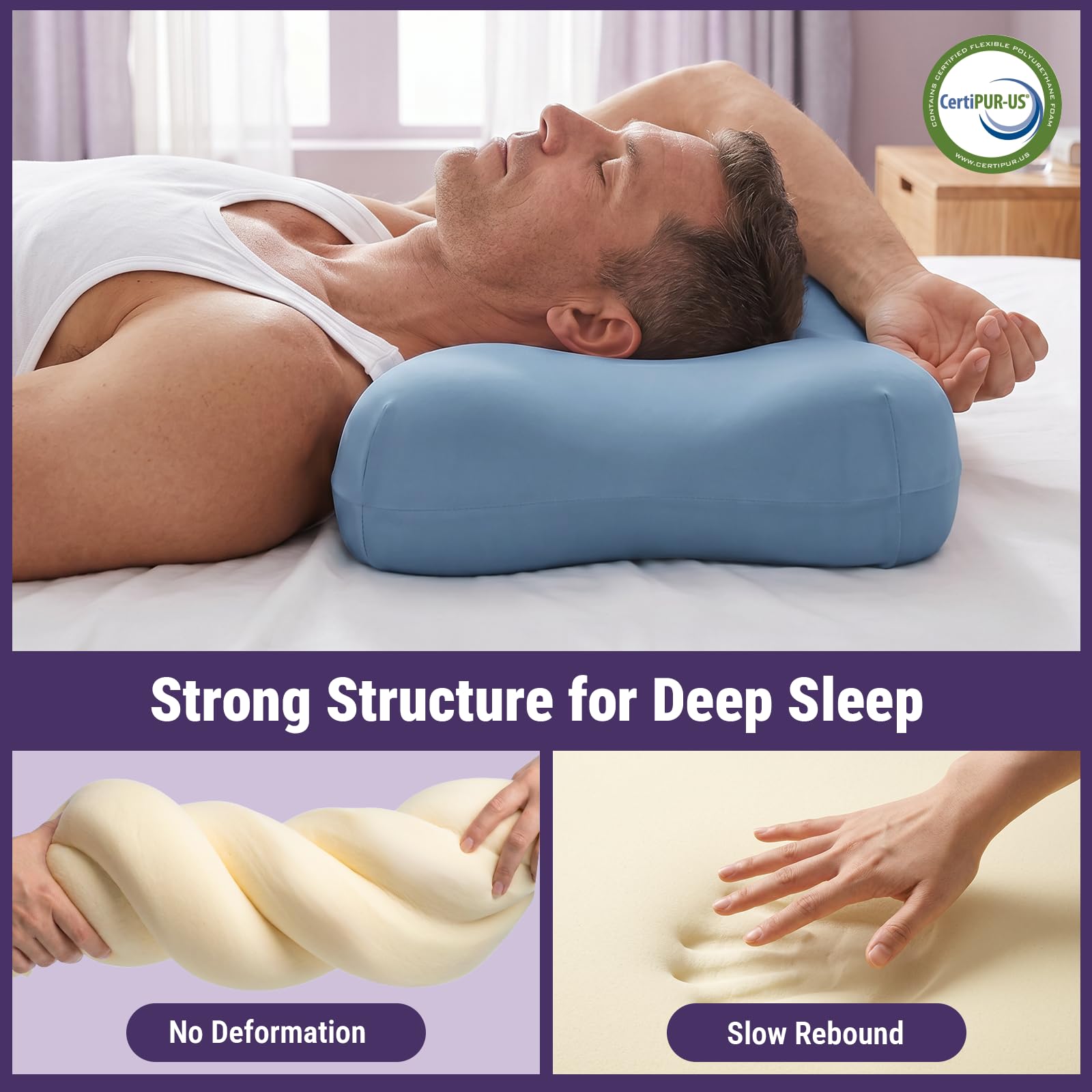 ZZ-WELL Cuscino rinfrescante per dormire, ergonomico, curvo, morbido, per dormire, in memory foam, per dolori al collo e alle spalle, con fodera lavabile in lavatrice (blu)