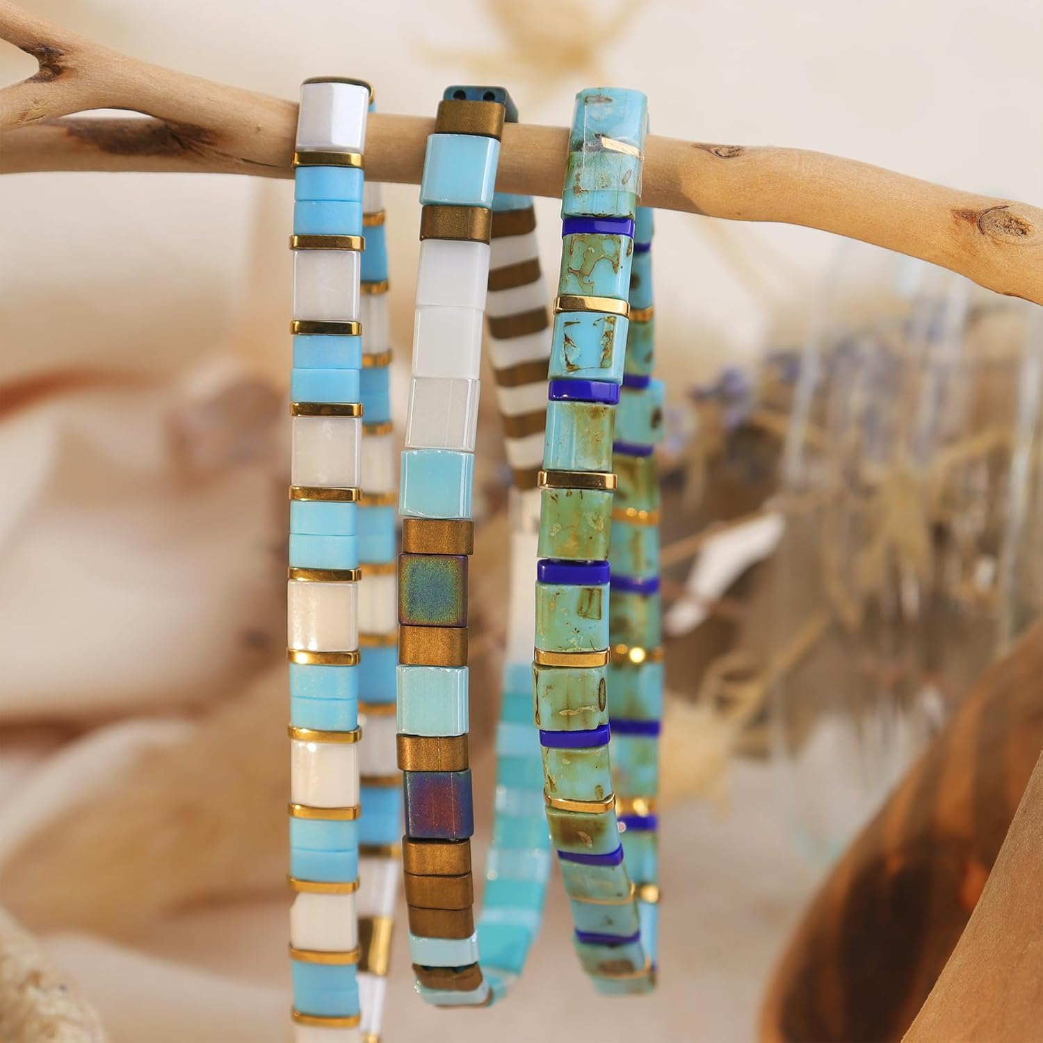 Tila Flat Beaded Stretch Bracelets for Women, Trendy Unique Handmade Stackable Green Blue Square Beads Miyuk Link Bracelet Summer Jewelry Gift - Image 5