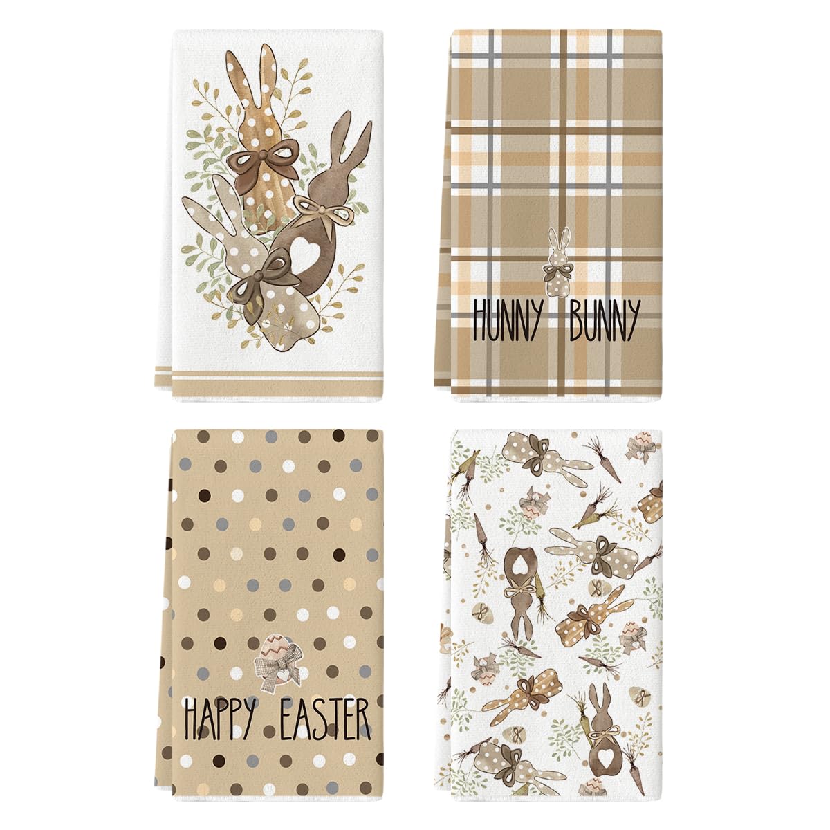 Artoid Mode Buffalo Plaid Bunny Rabbits Happy Easter Kitchen Towels Dish Towels, 18x26 Inch Seasonal Decoration Hand Towels Set of 4
