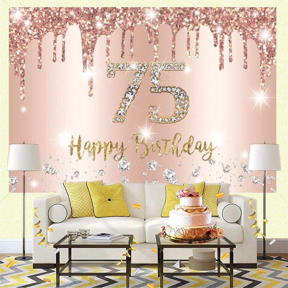 75° compleanno, decorazione da donna, 75° compleanno, decorazione oro rosa con macchie di brillantini, in tessuto, 75° compleanno, decorazione per feste di compleanno