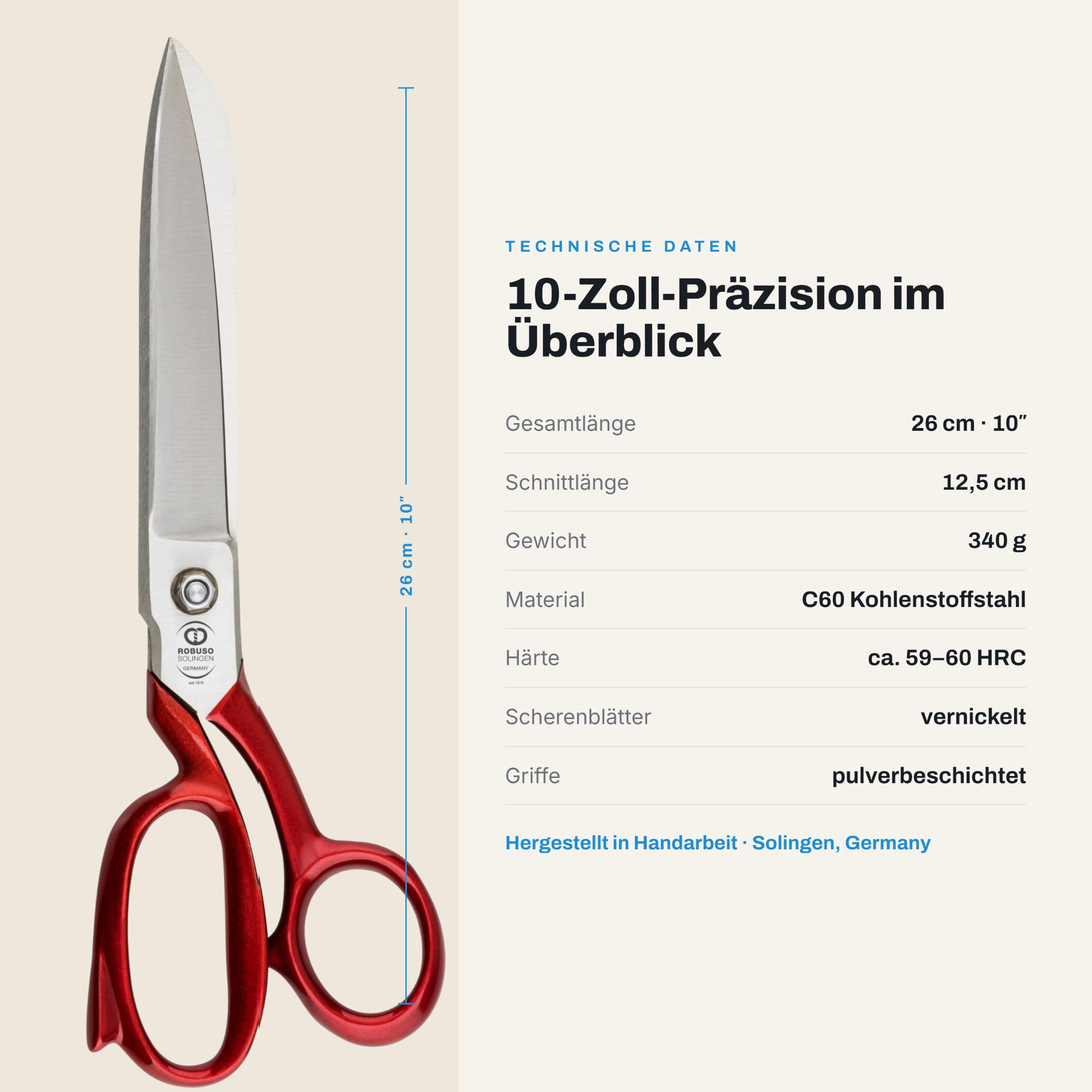 ROBUSO Schneiderschere in Meisterqualität | Stoffschere | Hergestellt in Solingen | Schere aus geschmiedetem C60 Kohlenstoffstahl | Gehärtet | 26 cm – 10"