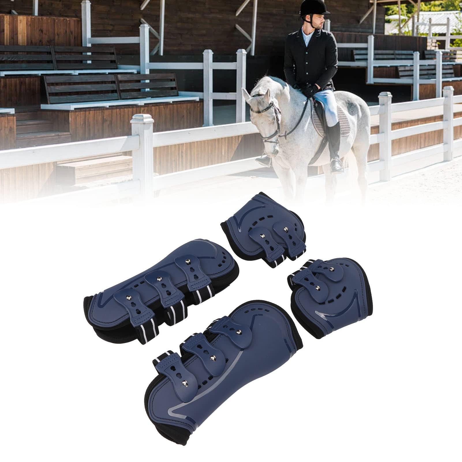 Botas Protectoras Para Tendón De Caballo, Bota De Menudillo Frontal Abierta Ajustable, Botas Protectoras Transpirables Para Tendón De Salto De Caballo, Juego Azul De 4(M)