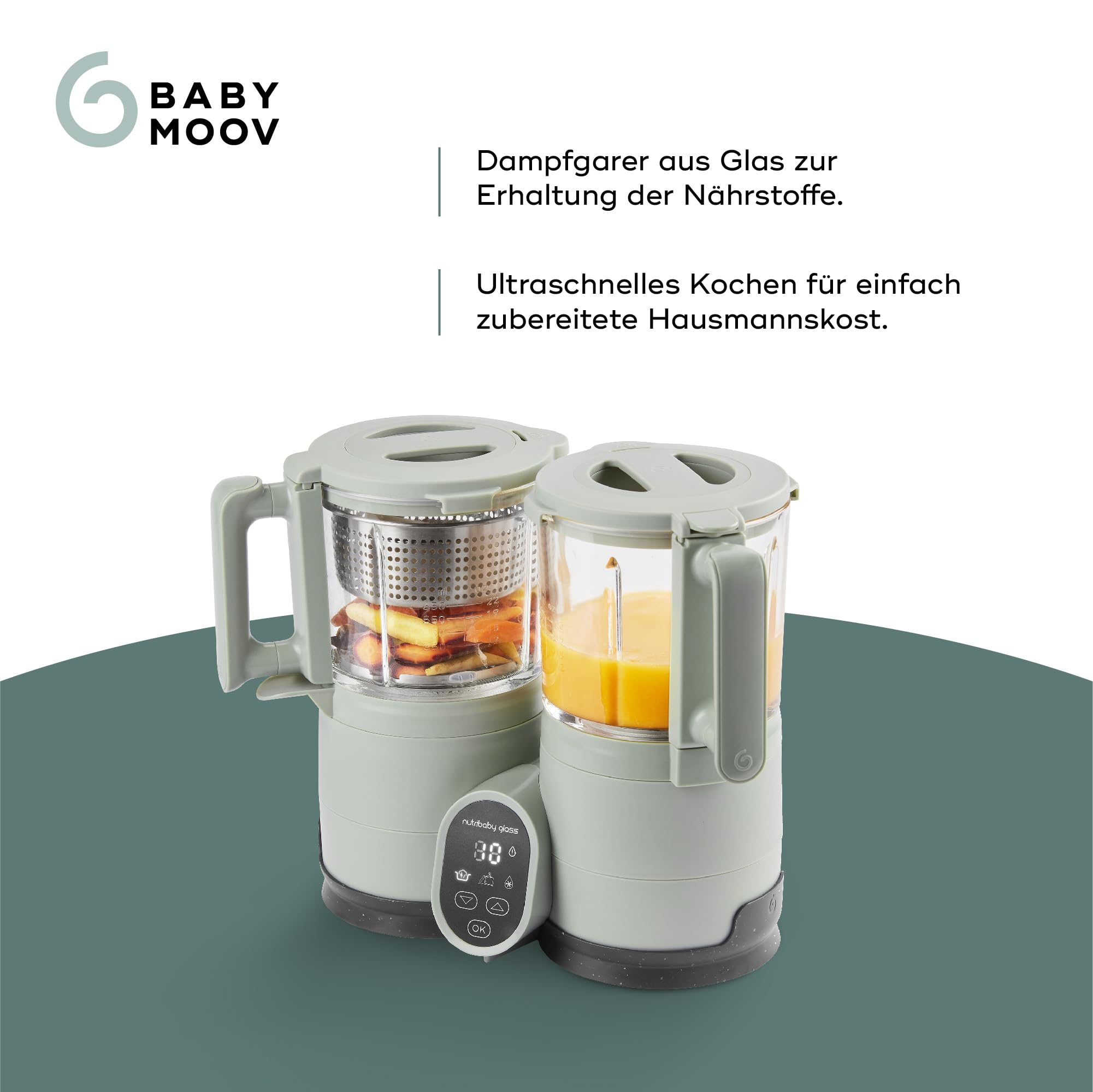 Babymoov Nutribaby Glass Green Celadon 4-in-1 Babynahrungszubereiter aus Glas und Edelstahl, 1900 ml Dampfgaren Mixen Aufwärmen Erwärmen