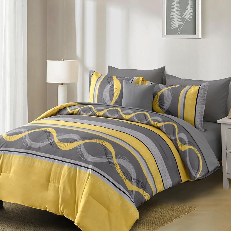 Anibedding Yellow and Grey Comforter Set King Size,8 Pieces Bed in a Bag Patchwork Striped Bedding Sets,Boho Soft Microfiber Bedding Set for All Season(104"×90") image 2