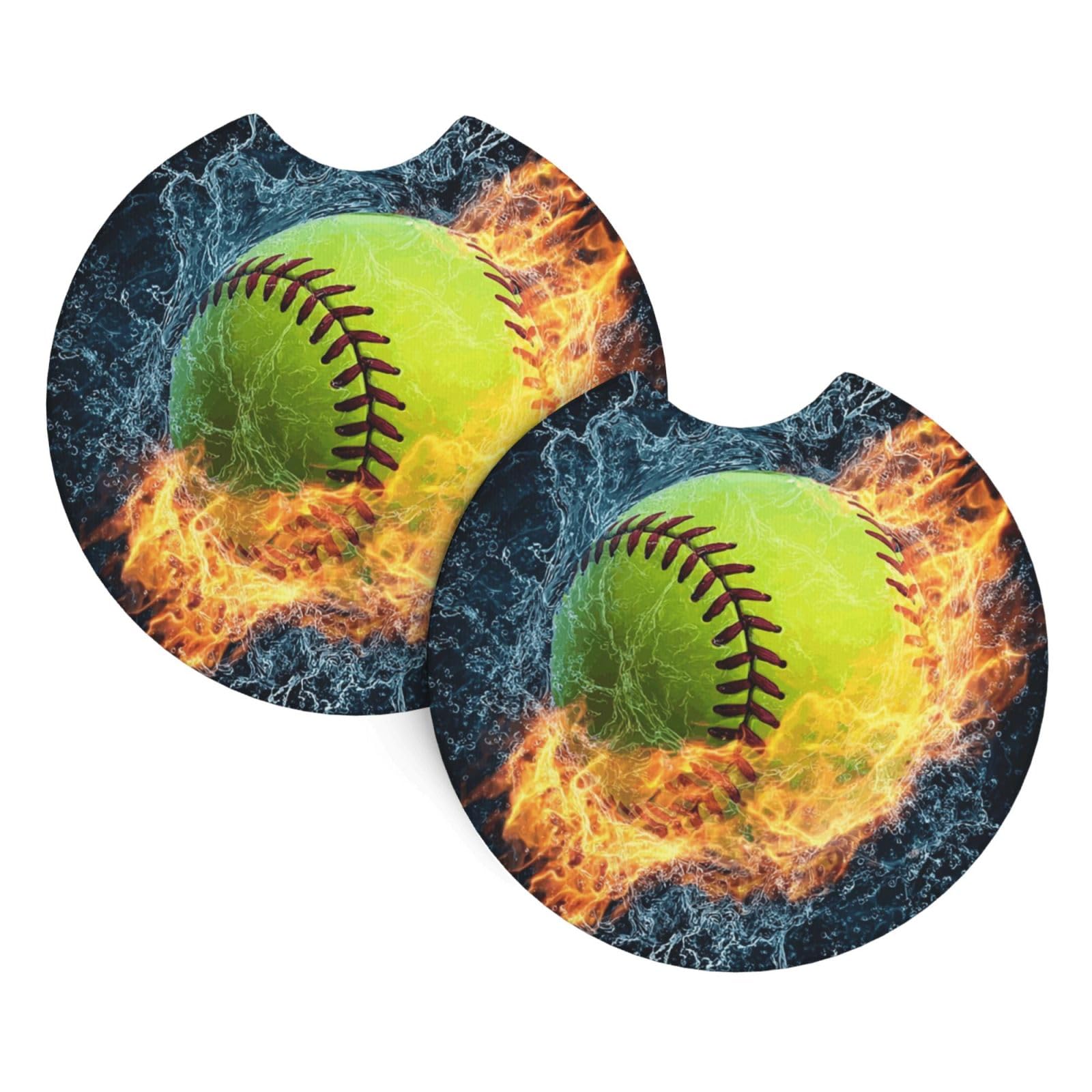 2 Pack Car Cup Holder Coasters 2.7 Inch Universal Anti-Slip Shockproof Car Cup Holder Insert Softball Baseball on Fire and Water Car Coasters Drink Coasters Cup Holder Coasters for Car Accessories