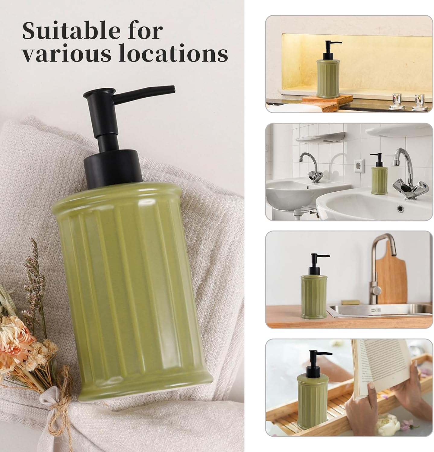 Ceramic Soap Dispenser - Grass Green Liquid Hand Soap Dispenser Bathroom, Modern Refillable Dish Wash Soap Bottle for Kitchen, ANTIS'S HOME image 5