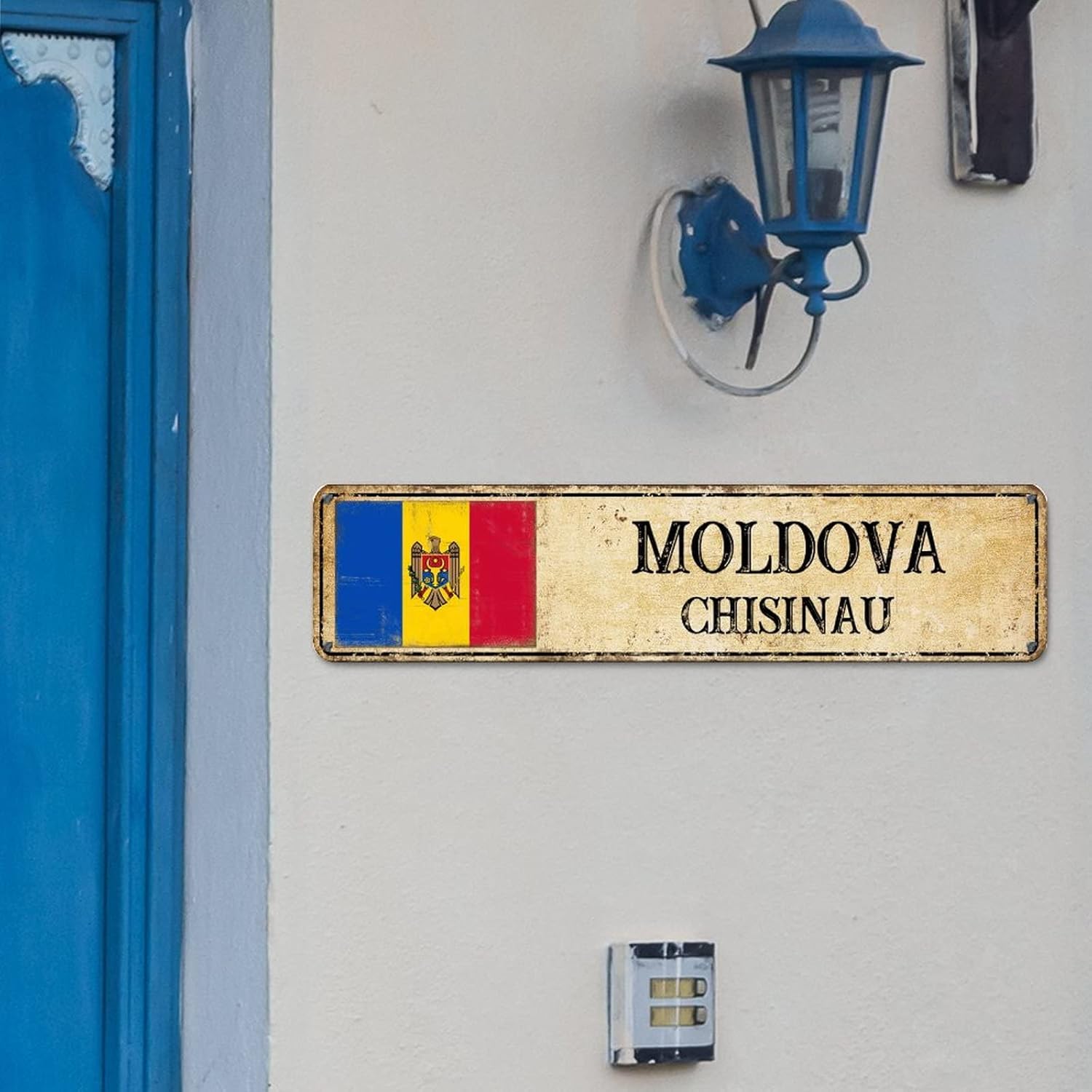 Personalized SHISINAU Street Sign Moldova Flag Metal Sign Capital Country City Souvenir Metal Tin Sign Vintage Indoor & Outdoor Decor for Home Man Cave Door Porch Garden Party 24x6in