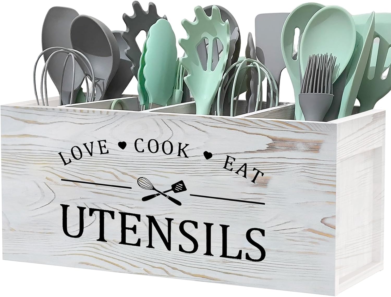 Extra Large Kitchen Utensils Holder with 4 Compartments, Wooden Storage Utensil Holder Organizer for Counter or Countertop, Farmhouse Decor, Rustic Cooking Utensil Kitchen Tool