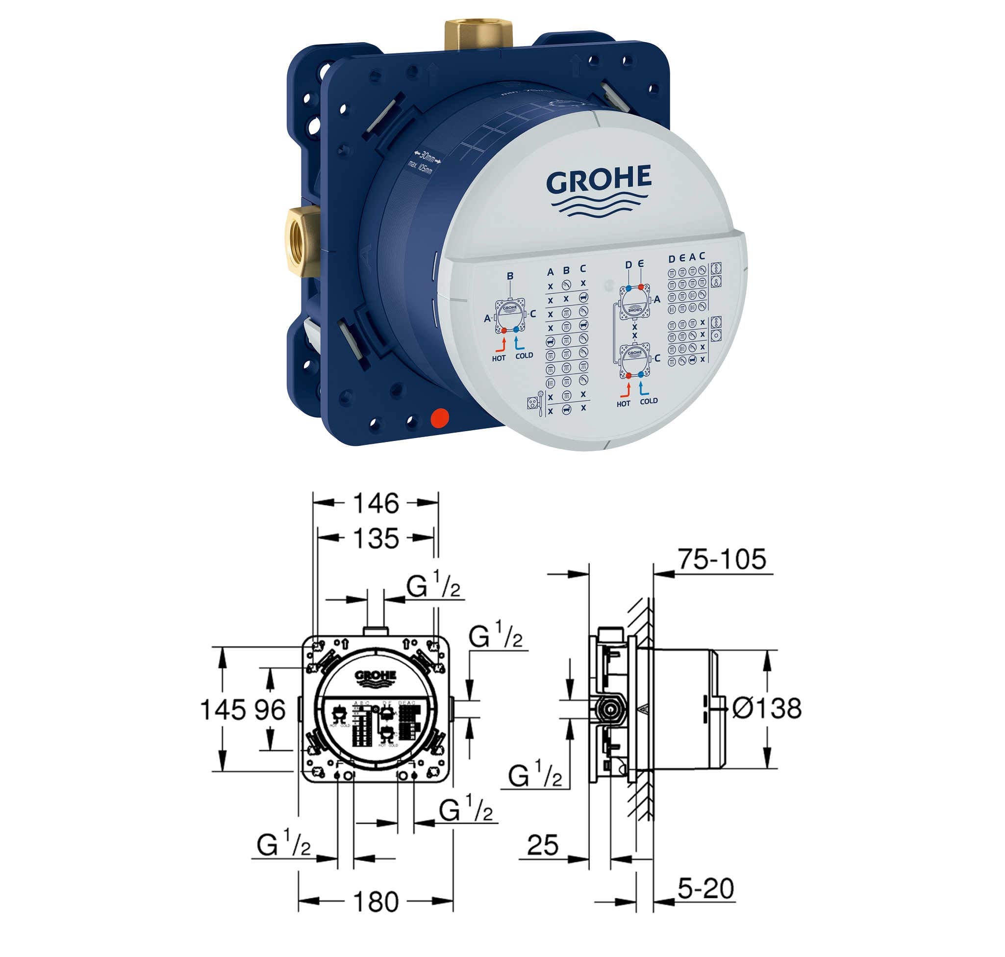 Grohe Duschsystem mit Unterputz Duscharmatur von Grohe Cubeo Regendusche mit Armatur, Duschkopf eckig, Wandarm Dusch-SET GSK11 schwarz matt