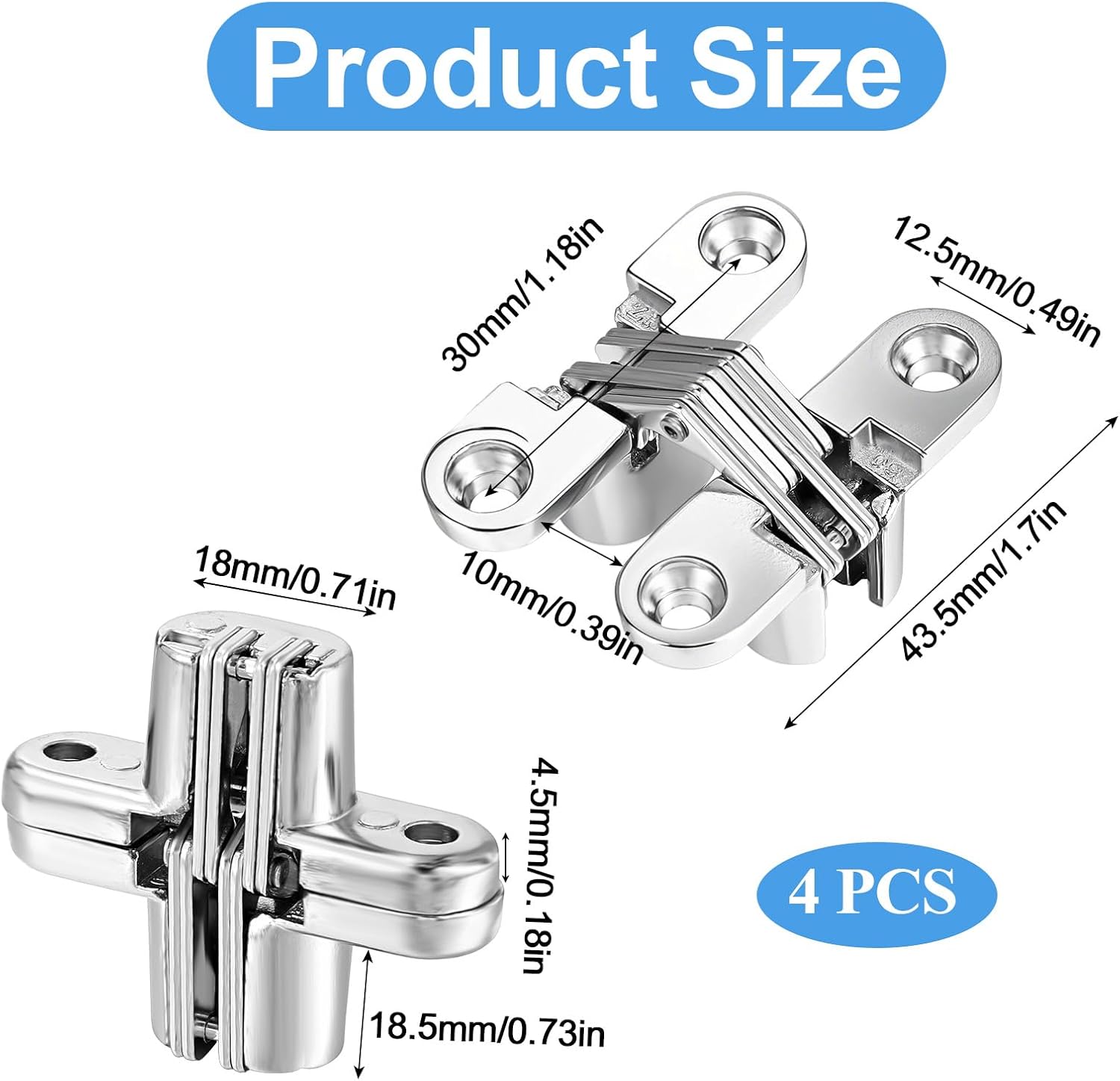 4 Pcs Hidden Hinges for Cabinet Doors 180 Degree Invisible Cross Hinges Zinc Alloy Folding Door Cross Frameless Concealed Hinge with Screws for Kitchen Door Wooden Box(1.7")