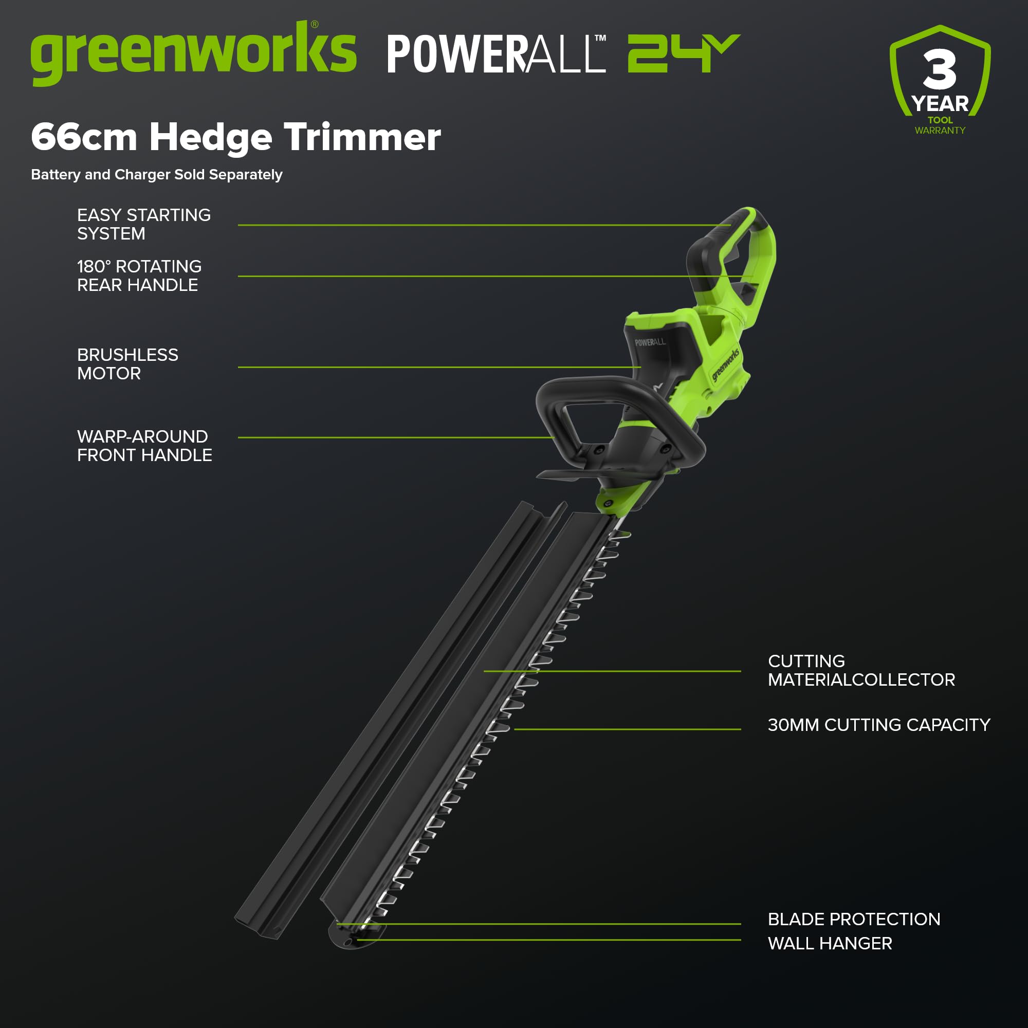 Greenworks HT6602RA1 akumulatorowe nożyce do żywopłotu, 24 V, 66 cm, bezszczotkowy silnik, podwójna krawędź tnąca 30 mm, uchwyt obrotowy 180°, Hedge Sweeper