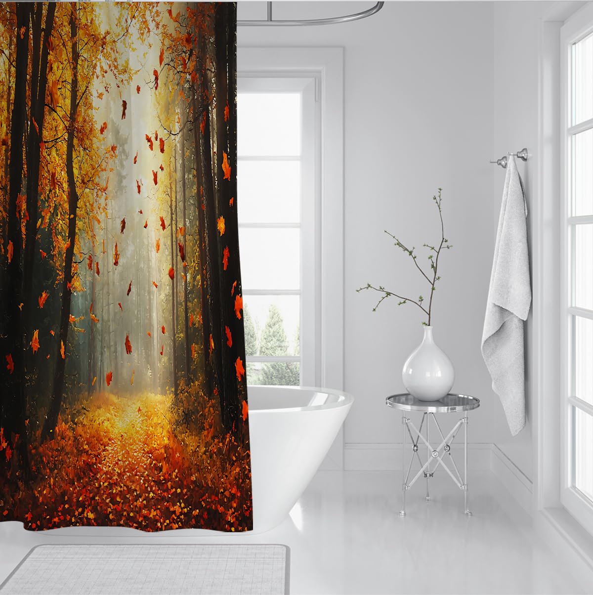 Herbstwaldpfad Duschvorhang Goldene Blätter fallender Badevorhang wasserdichte Polyester-Badewannenvorhänge zur Badezimmerdekoration 180 x 200 cm