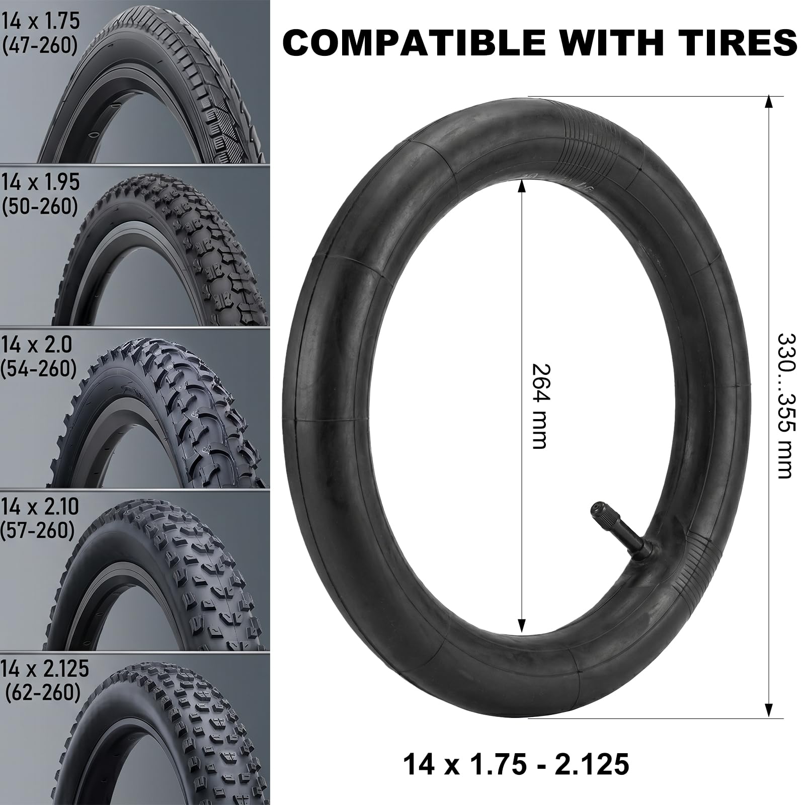 2 dętki rowerowe 14 cali, dętka rowerowa 14 x 1,75-2,125 - butylowa dętka z wentylem samochodowym AV 32 mm - zestaw z łyżką do opon, zaślepkami na wentyle świecące do rowerów dziecięcych, rowerów