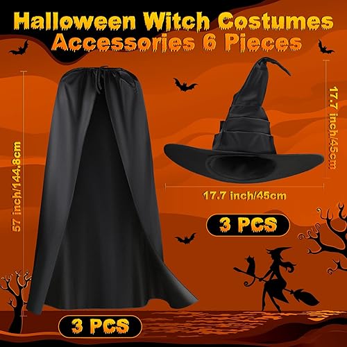 Miniatura 4 de Coume 3 juegos de disfraz de bruja de Halloween para mujer, sombrero de bruja fruncido grande negro y capa de mago, accesorios de disfraz para