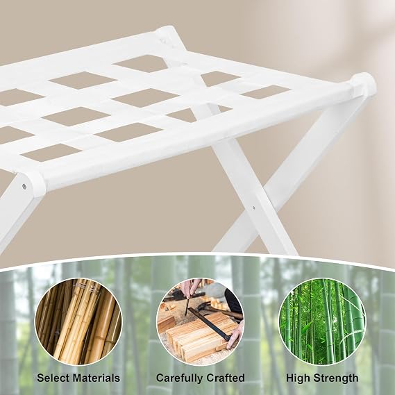 Aiowhy Luggage Rack,Bamboo Suitcase Stand with Storage Shelf,Set of 2,Folding Luggage Stand for Guest Room,Hotel,Bedroom,Heavy-Duty, Holds up to 131 lb, White,VLR03W02