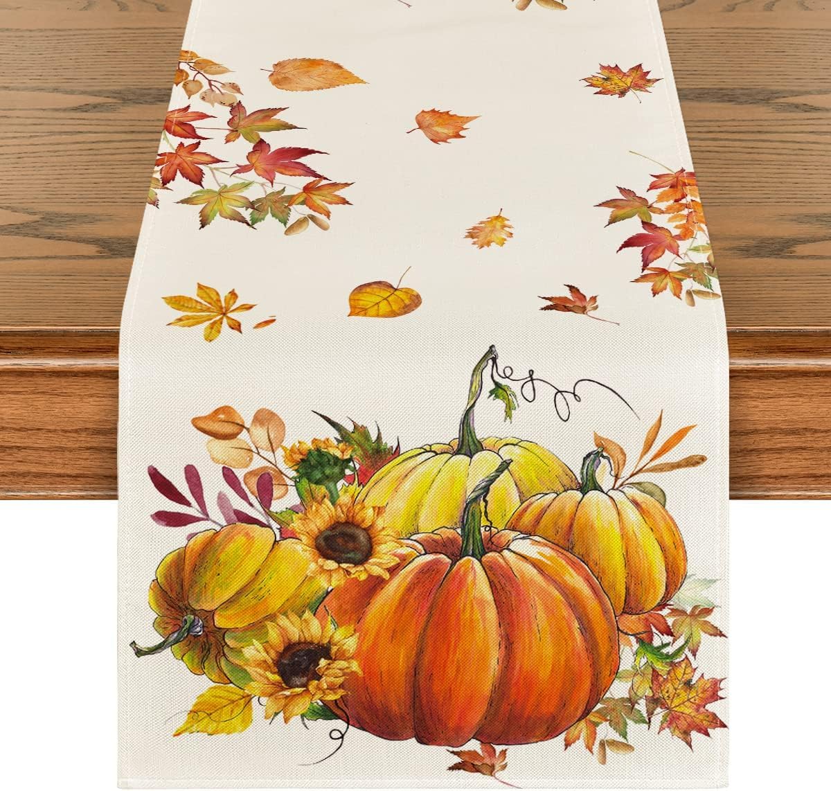 Fall Thanksgiving Table Runner Home Kitchen Dining Pumpkins Sunflowers Maple Leaves Autumn Harvest Vintage Table Flag for Indoor Outdoor Decor 13 x 36