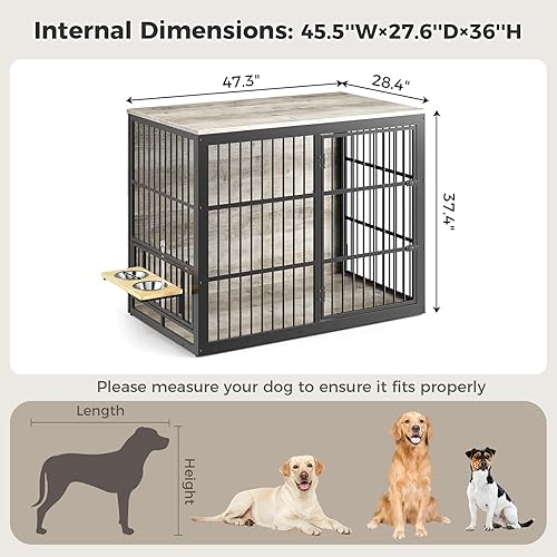 Miniatura 7 de Lyromix Mueble de jaula para perros XXL de 48 pulgadas con alimentador giratorio, mesa auxiliar de jaula de madera grande, jaula de perrera interior