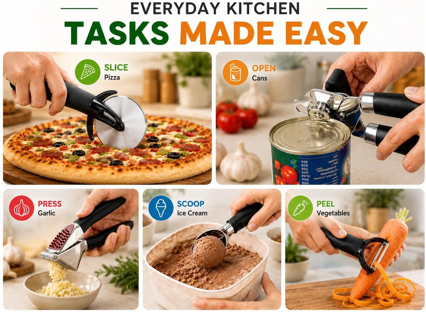 Kitchen Tool Set, 5-Piece Kitchen Gadgets Set with Pizza Cutter, Can Opener, Garlic Press, Ice Cream Scoop & Vegetable Peeler, Premium Heavy Duty Stainless Steel Kitchen Essentials Gift Set