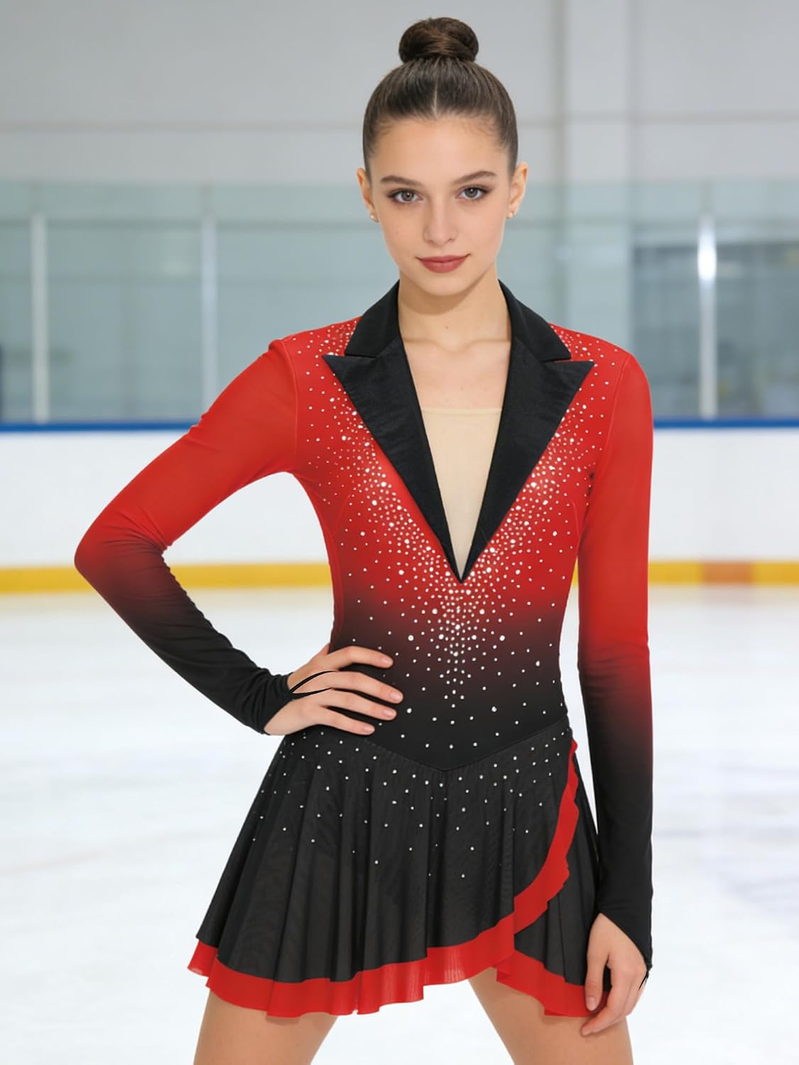 Gradient Ice Figure Skating Dress Girls Women Lapel V Neck Long Sleeved Competition Performance Costume