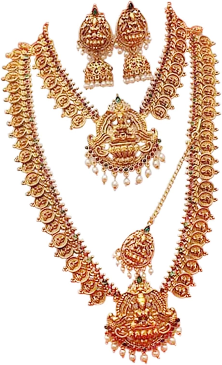 Nagneshi ArtGold Plated With Kundan & Pearl Choker Traditional Temple Necklace Jewellery Set for Women & Girls || 2 long Necklace 1 Mang Tika 1 pair Jhumki Earrings