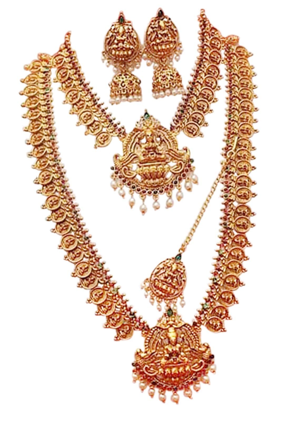 Nagneshi ArtGold Plated With Kundan & Pearl Choker Traditional Temple Necklace Jewellery Set for Women & Girls || 2 long Necklace 1 Mang Tika 1 pair Jhumki Earrings