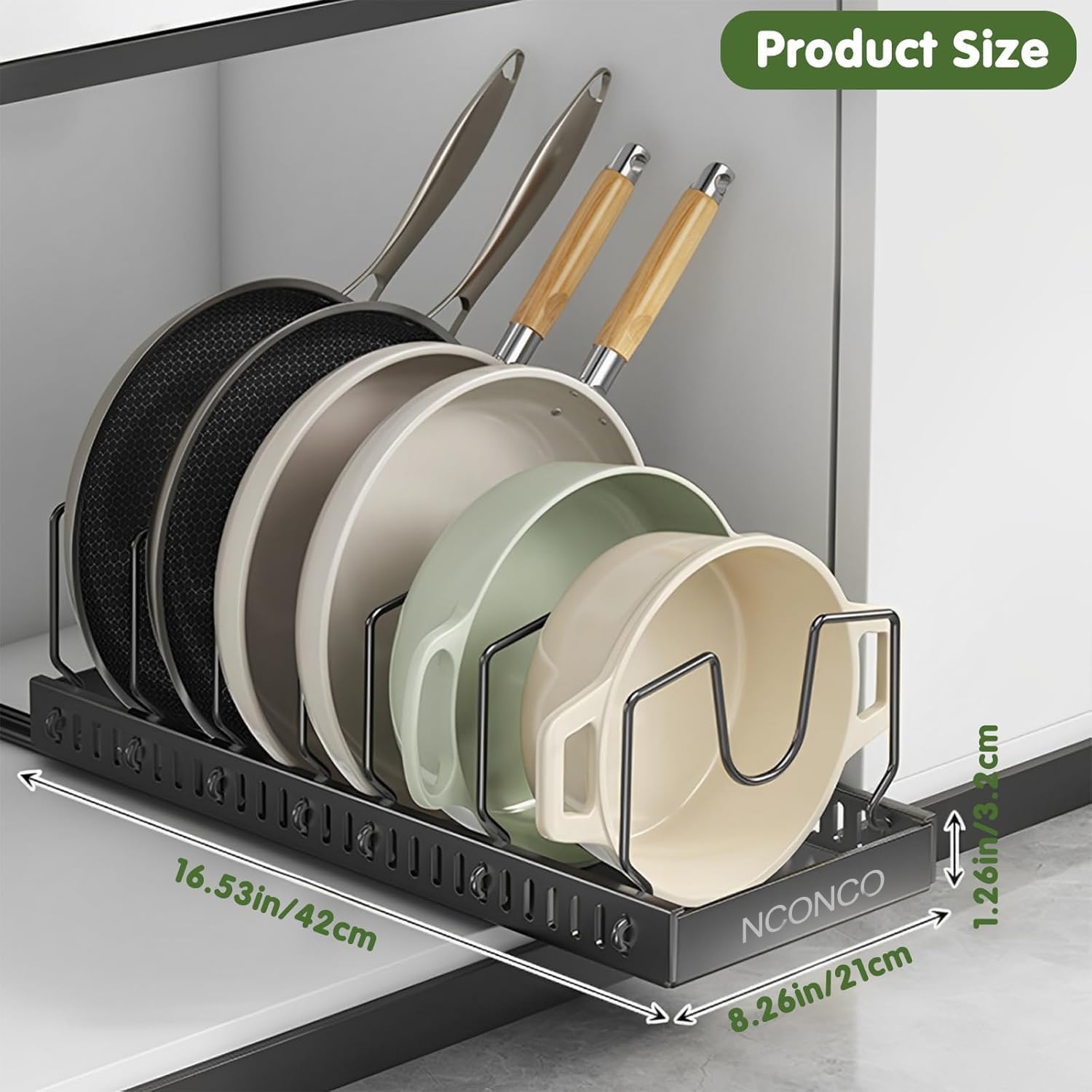 NCONCO Pots and Pans Organizer Under Cabinet, 2 Pack Pull Out Pot and Pan Organizer with 8 Dividers for Cabinet, Sliding Pot Lid Holder Pan Rack for Pot Lid Bakeware Dishes