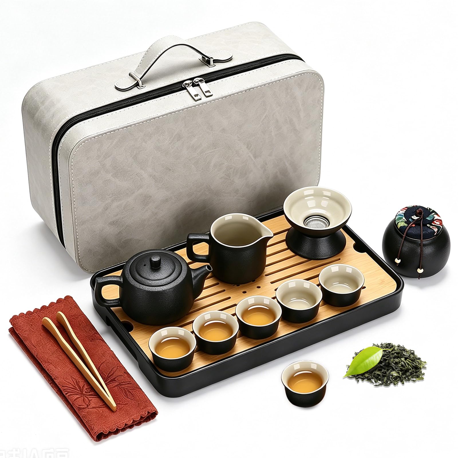 Japoński zestaw do herbaty, 14 sztuk, chiński zestaw do herbaty Kung Fu, porcelanowy zestaw do herbaty, z torbą podróżną, czajniczkiem, 6 filiżanek, ceramicznym zestawem do herbaty, do podróży, na