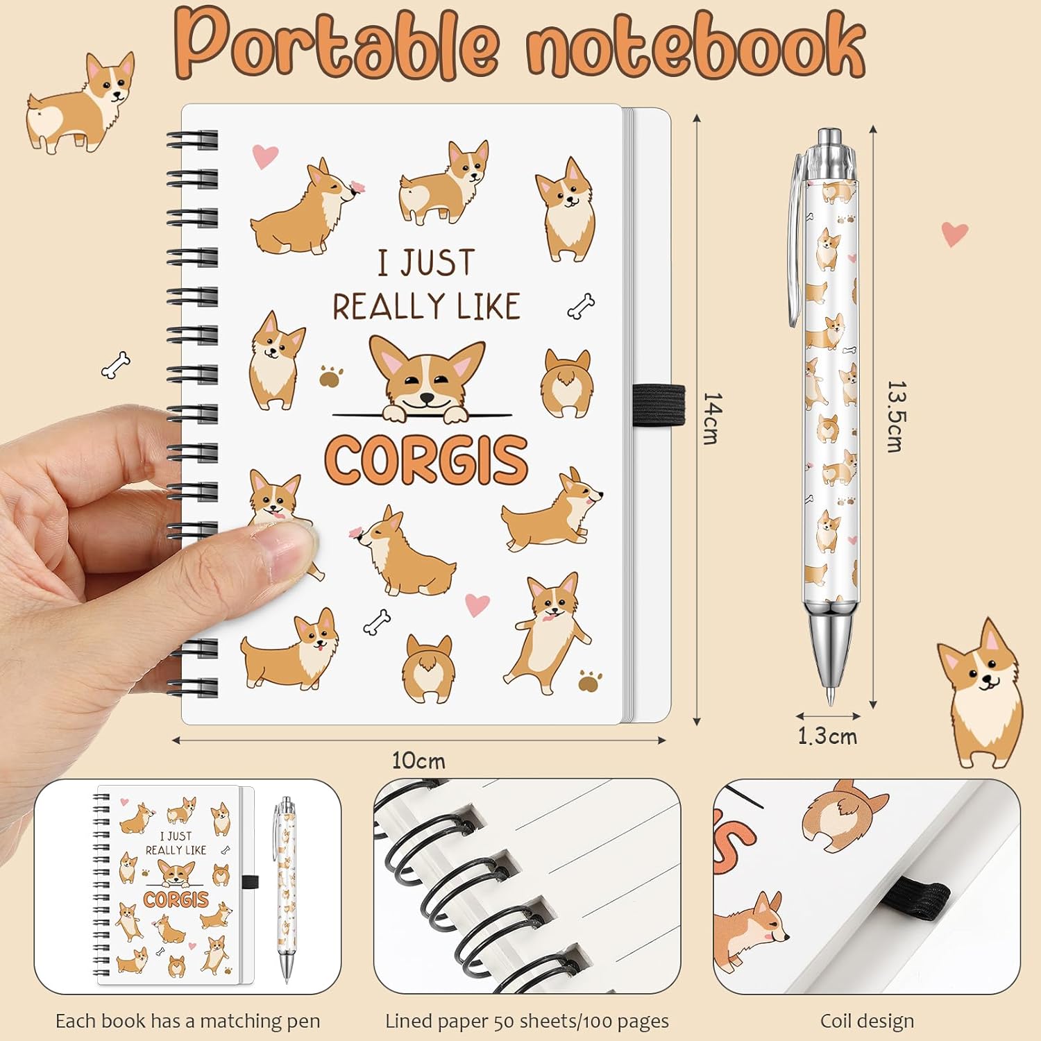 5 Pcs Corgis Gifts Set for Women Include Keychain Canvas Tote Bag Animal Lover Zipper Makeup Bag Notebook Pen for Women Corgis Party Favors Birthday Gift for Christmas - Image 3