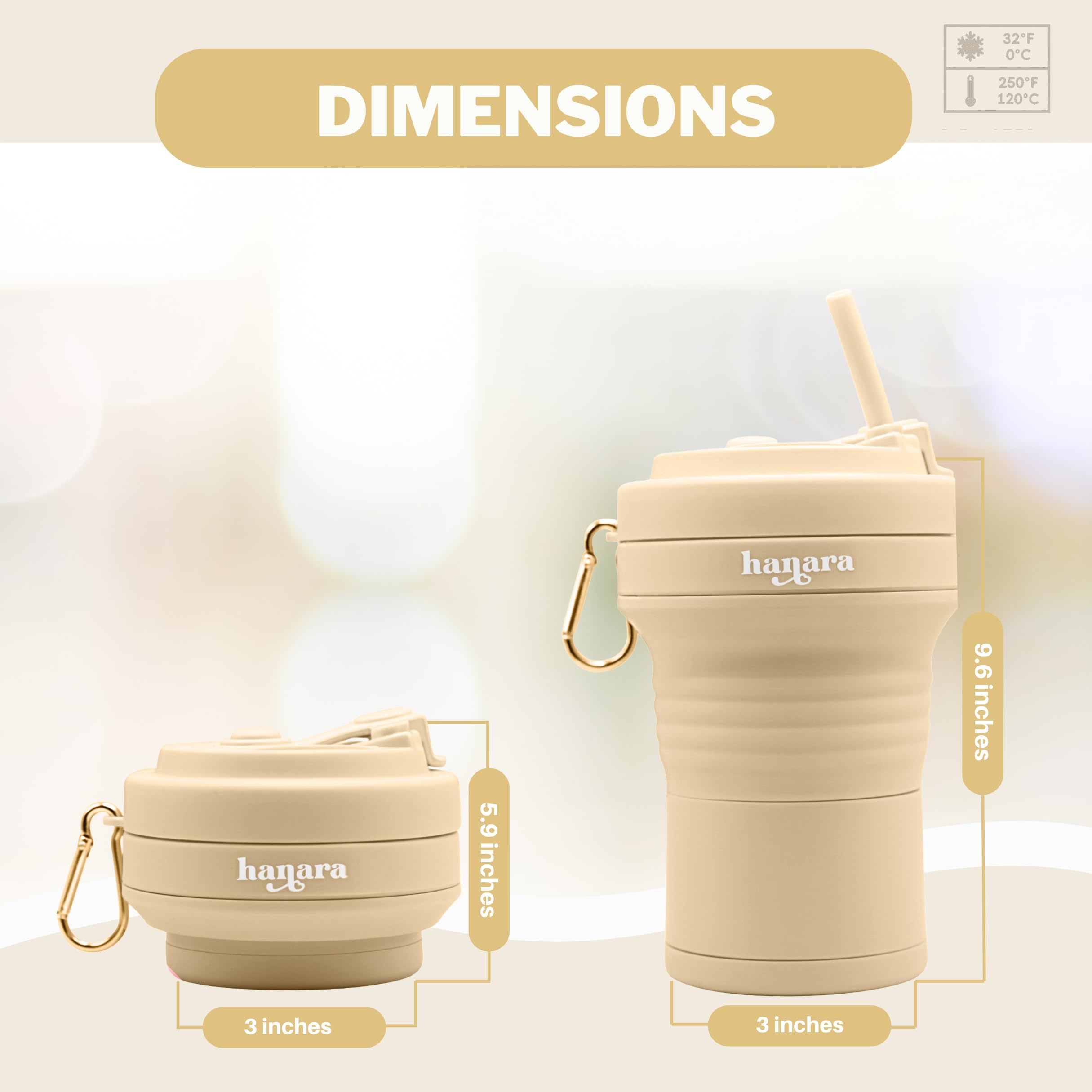 HANARA Tazas de café plegables con popote de silicona reutilizable, 550 ml, perfectas para viajes, camping, escuela, trabajo, sin BPA, a prueba de fugas, aptas para microondas y lavavajillas (beige)