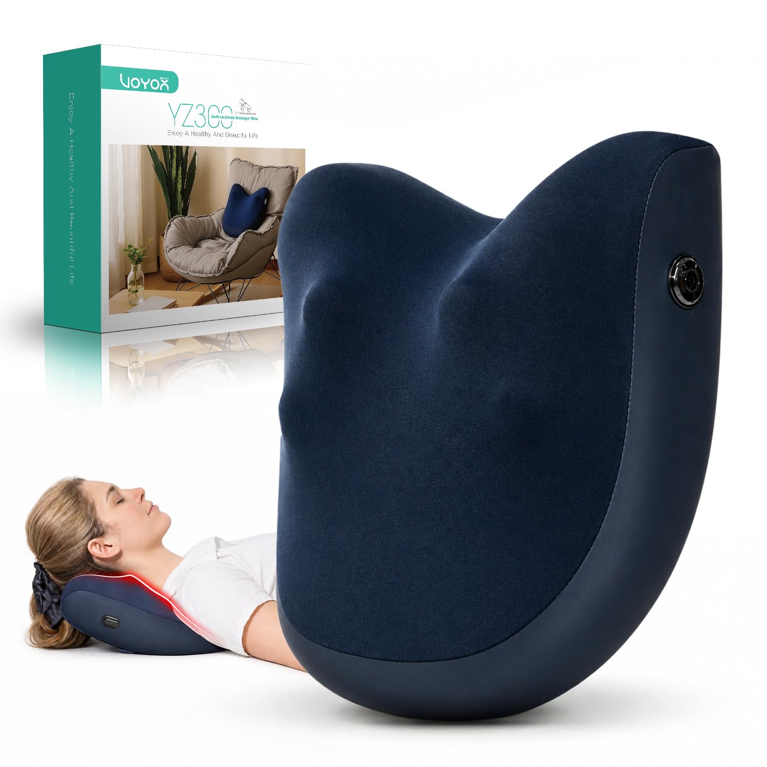 Cojín Masajeador Shiatsu Inalámbrico, Masajeador Cervical y Espalda Recargable para Alivio de Dolor y Relajación,Masaje Profundo con Funcionamiento Silencioso,Regalo Reflexivo YZ300(Azul)